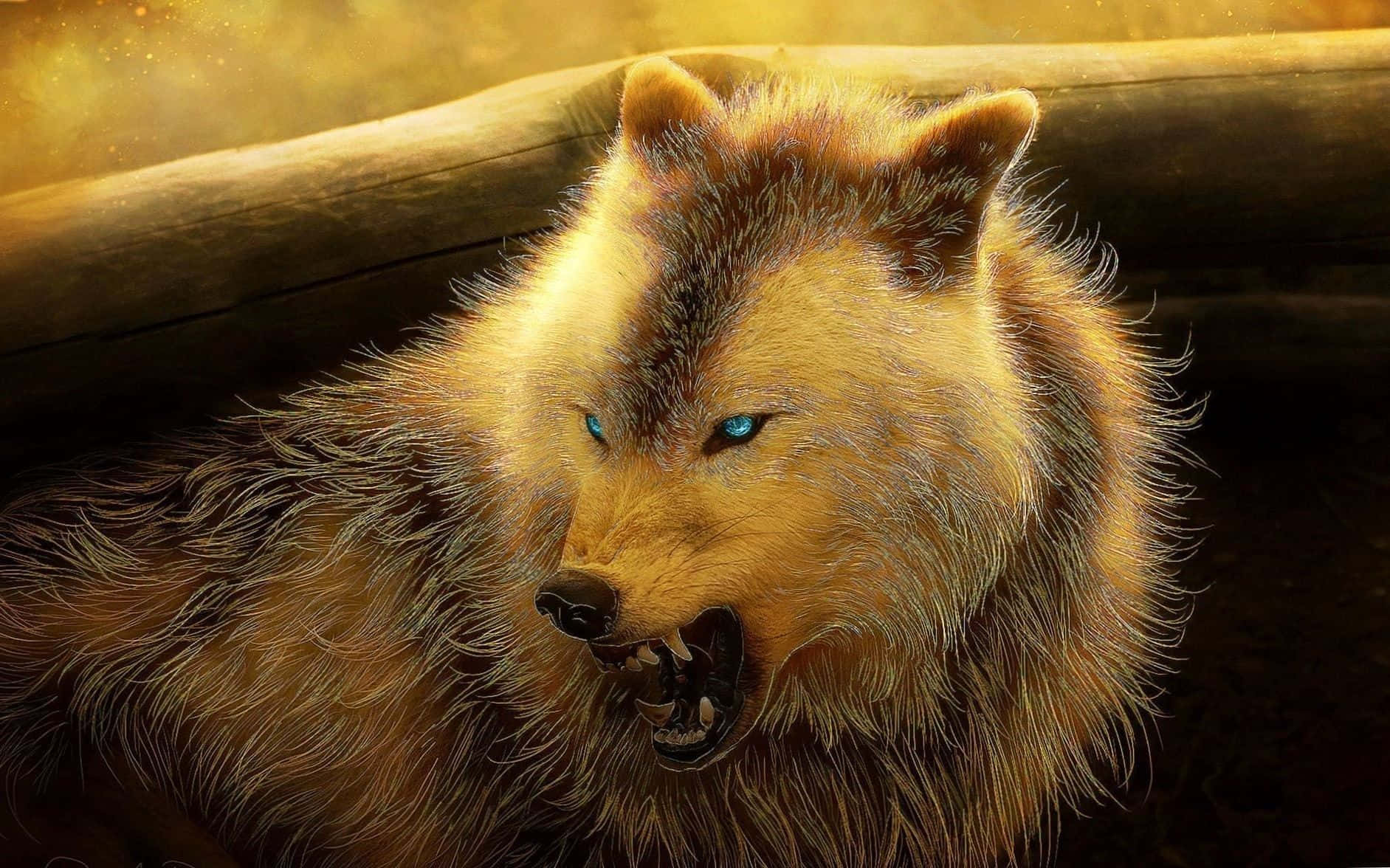 angry wolf, golden wolf, glowing blue eyes, HD Desktop Wallpaper