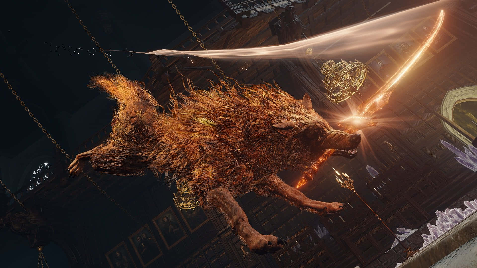 Wolf Attack, fiery wolf, dark gothic hall, Full HD Desktop Wallpaper