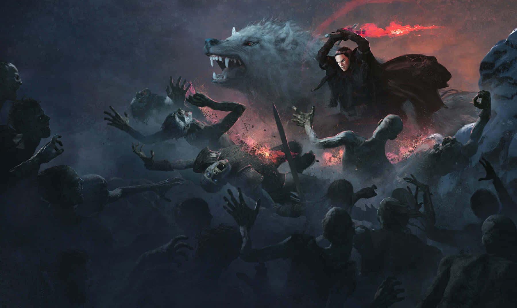 Wolf Attack, white wolf, blood-red sky, HD Desktop Wallpaper