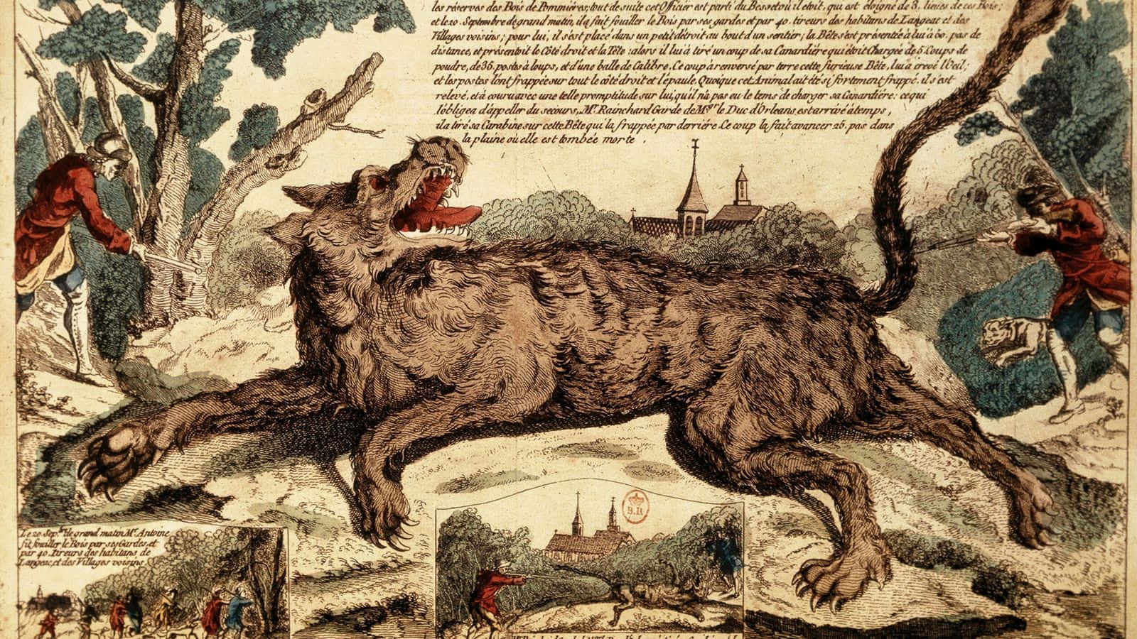 Wolf Attack, vintage illustration, hunters in red coats, HD Desktop Wallpaper