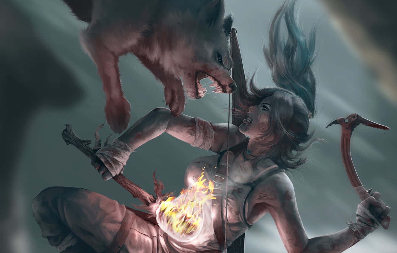 wolf attack, blue hair, flaming torch, HD Desktop Wallpaper