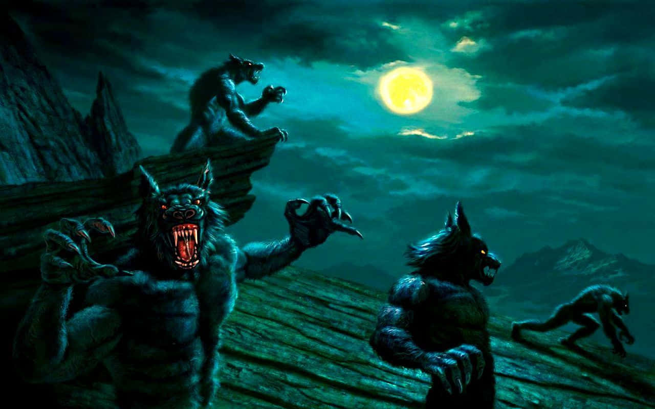 Wolf Attack, moonlit cliff, glowing yellow moon, HD Desktop Wallpaper