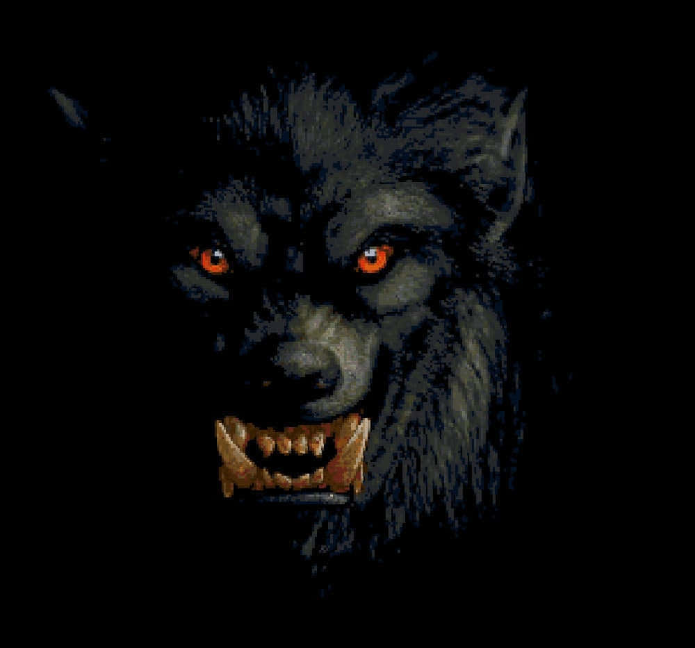 wolf attack, pixelated werewolf, glowing orange eyes, SD Desktop Wallpaper