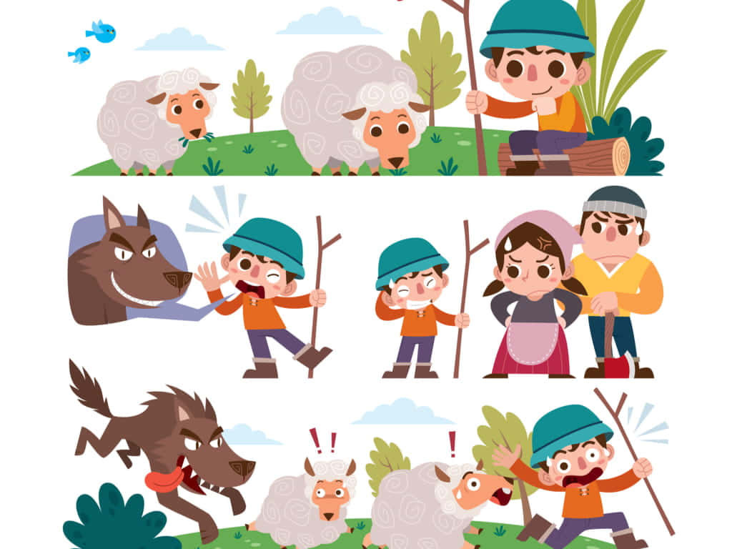 Wolf Attack, cartoon shepherd boy, sheep, SD Desktop Wallpaper