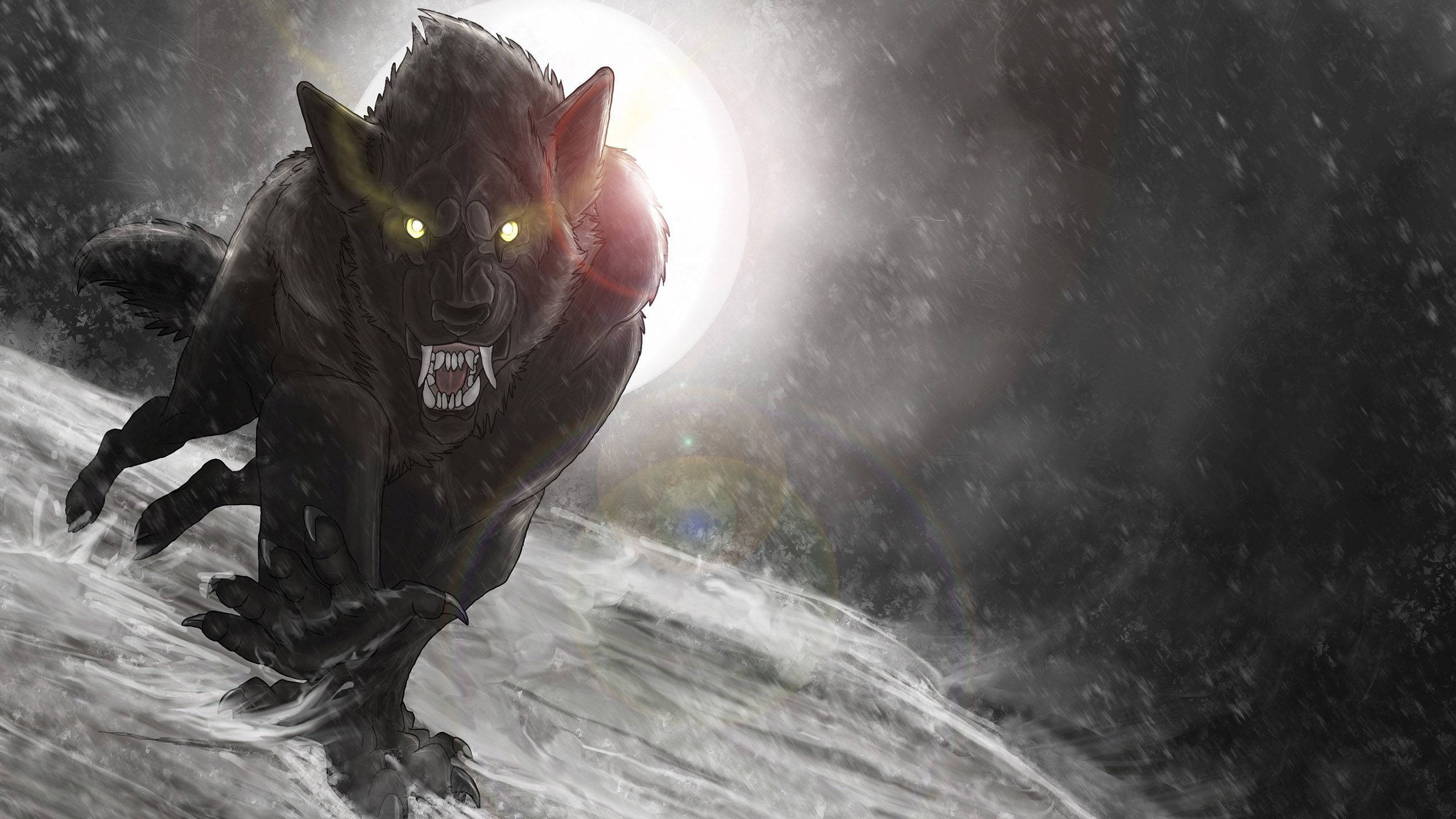 black werewolf, glowing yellow eyes, snowy terrain, 2K Desktop Wallpaper