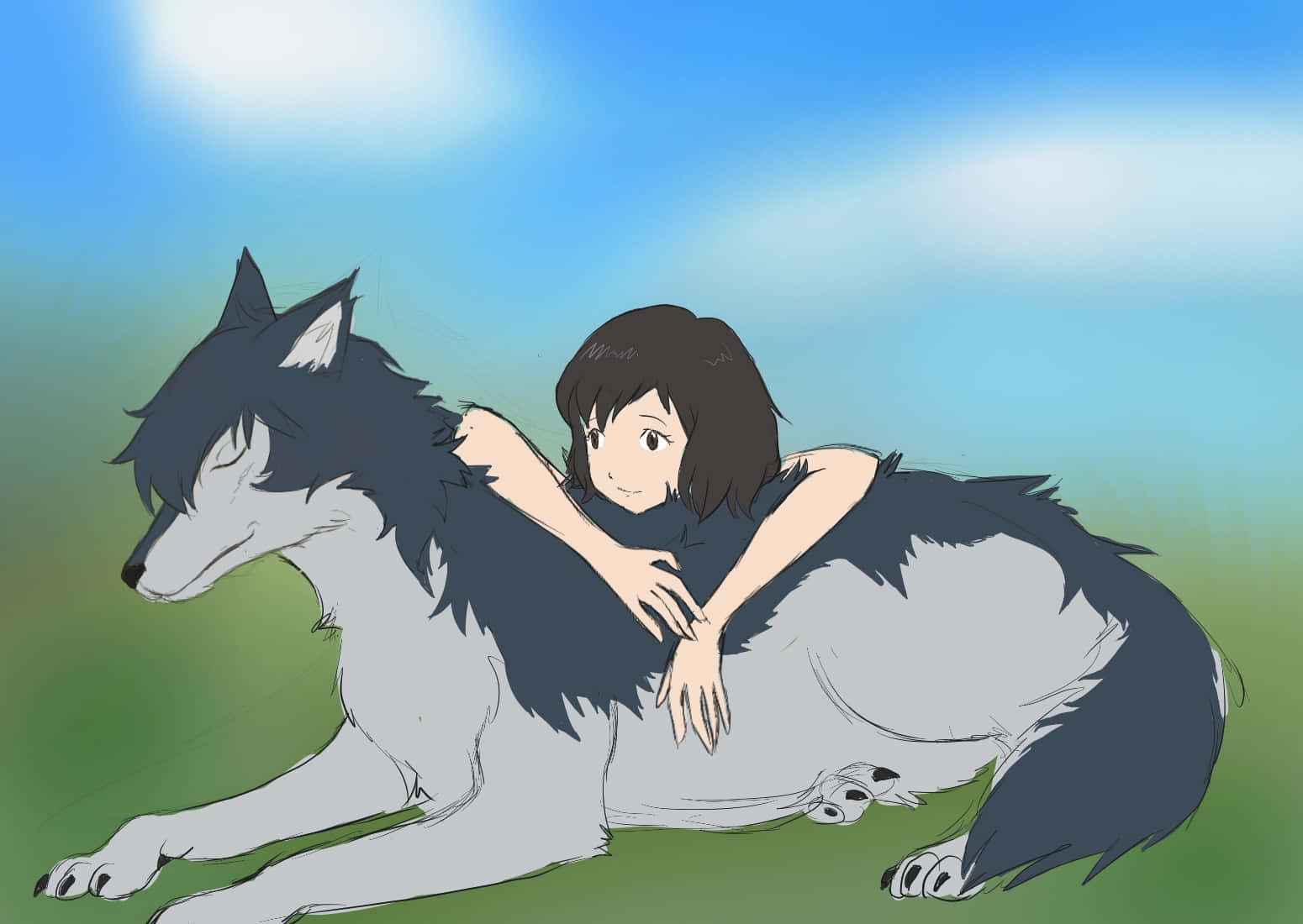 Wolf Children, young girl with dark hair, large gray wolf, HD Desktop Wallpaper