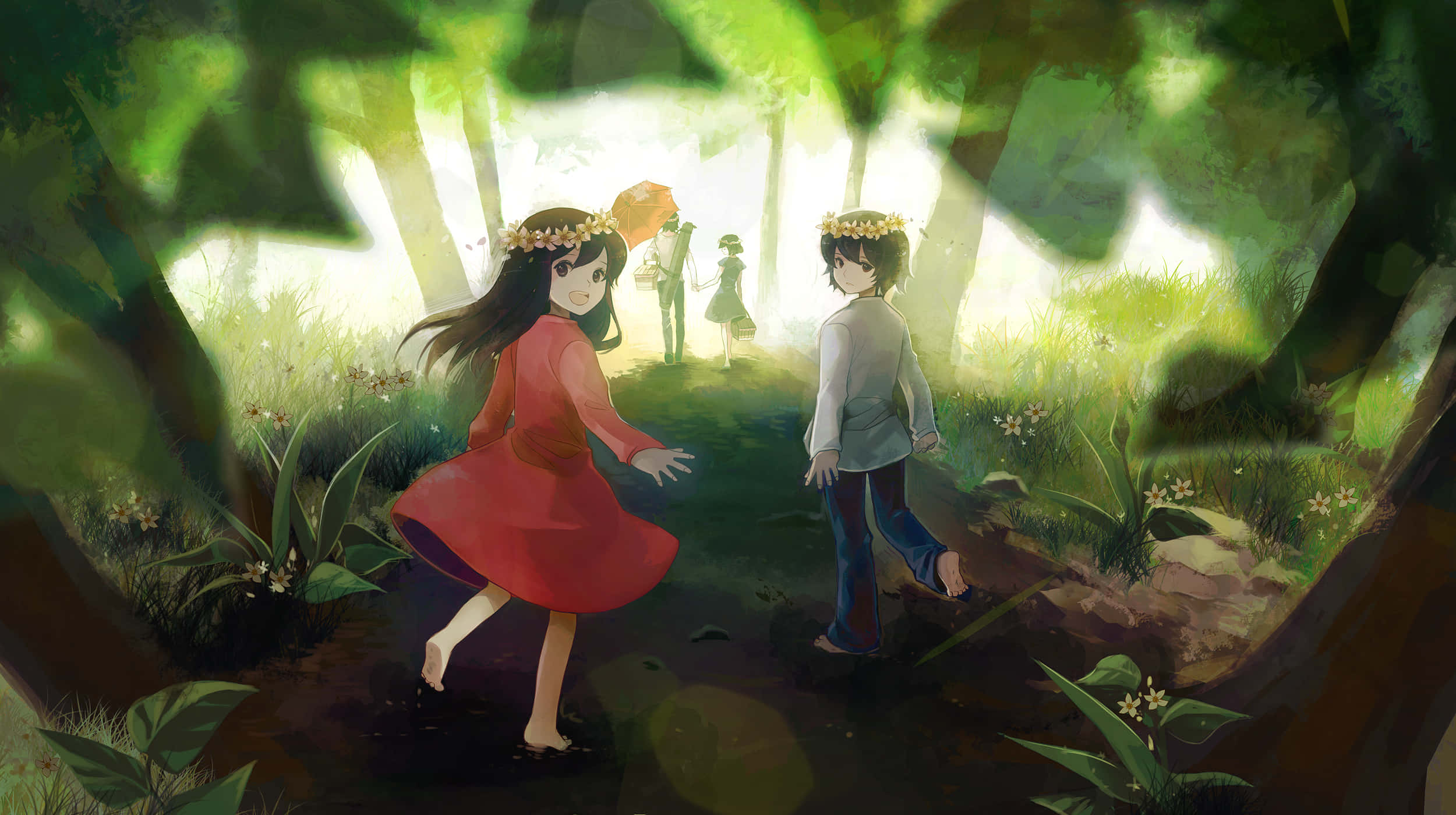 Wolf Children, floral crowns, sunlit forest glade, Full HD Desktop Wallpaper