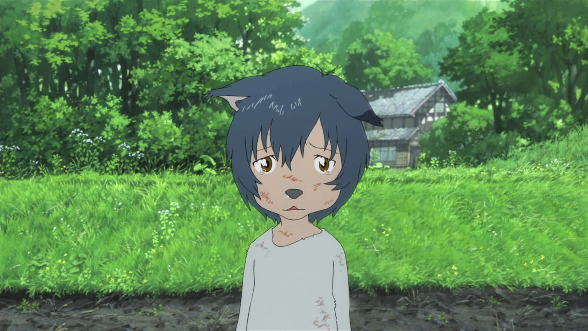 Wolf Children, young anime girl with wolf ears, dirt-streaked face, Full HD Desktop Wallpaper