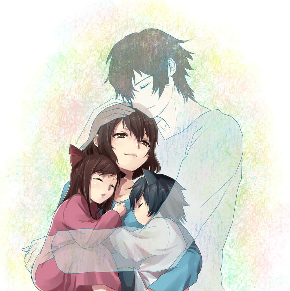Wolf Children, anime illustration, family trio, SD Phone Wallpaper