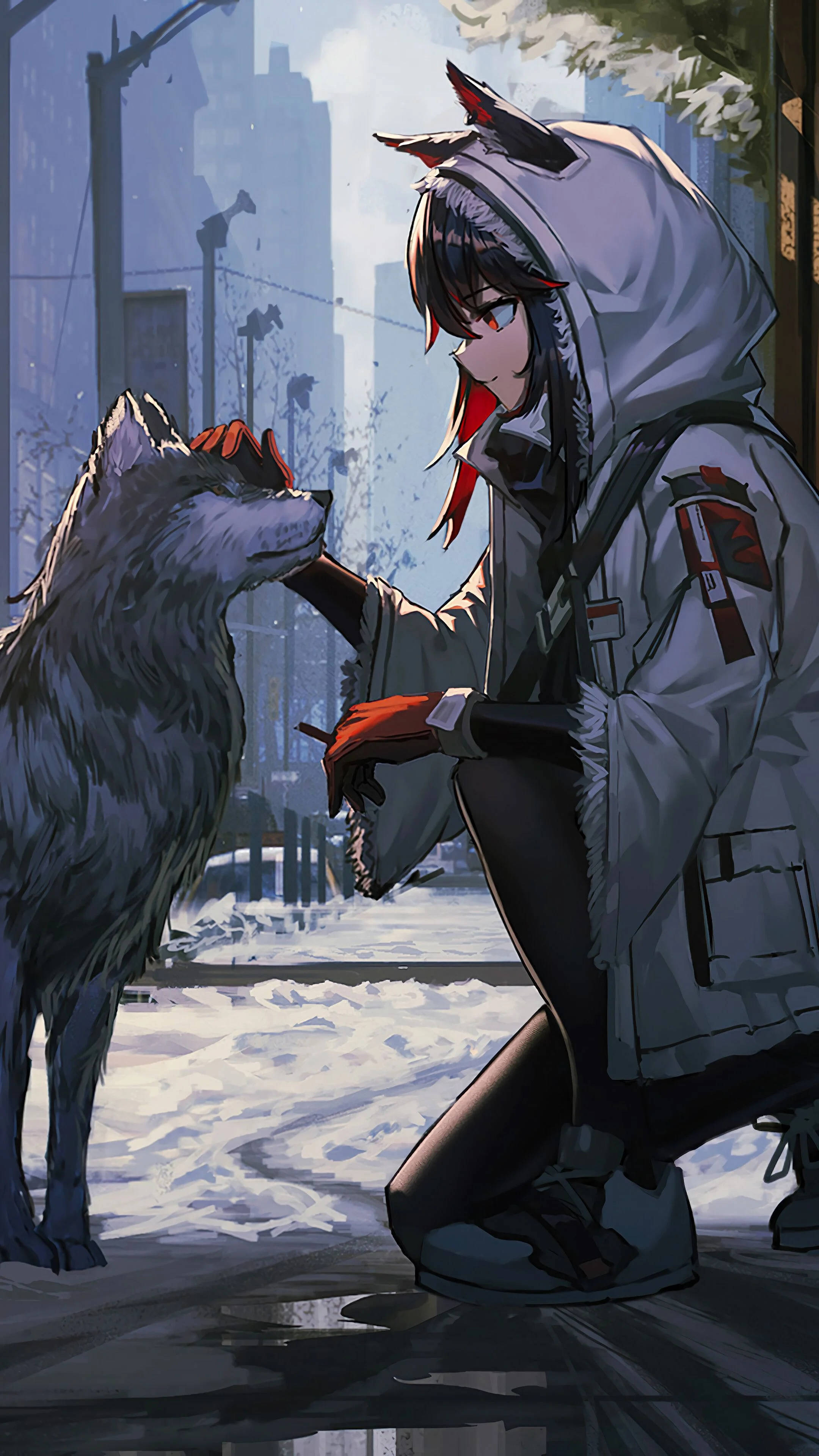 Wolf Girl, hooded jacket, red hair, 4K Phone Wallpaper