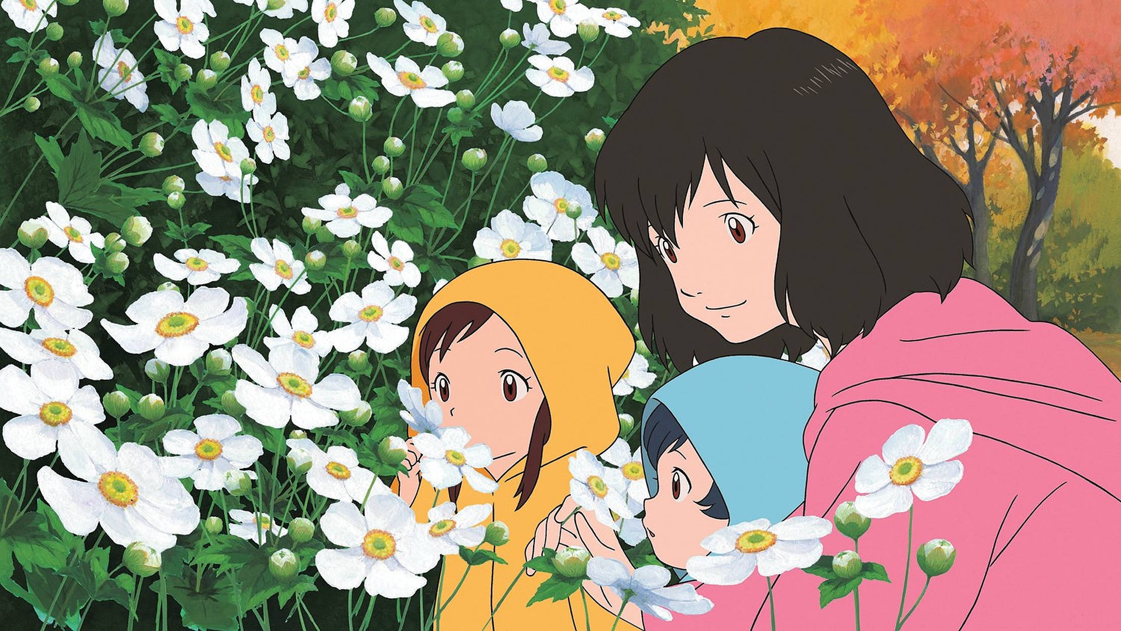 Wolf Children, colorful hoodies, white flowers, Full HD Desktop Wallpaper