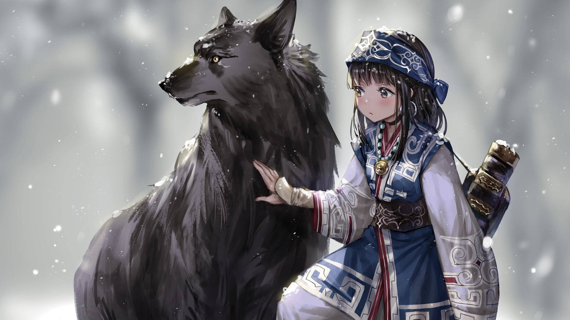 animated girl wolf, blue and white attire, large black wolf, Full HD Desktop Wallpaper
