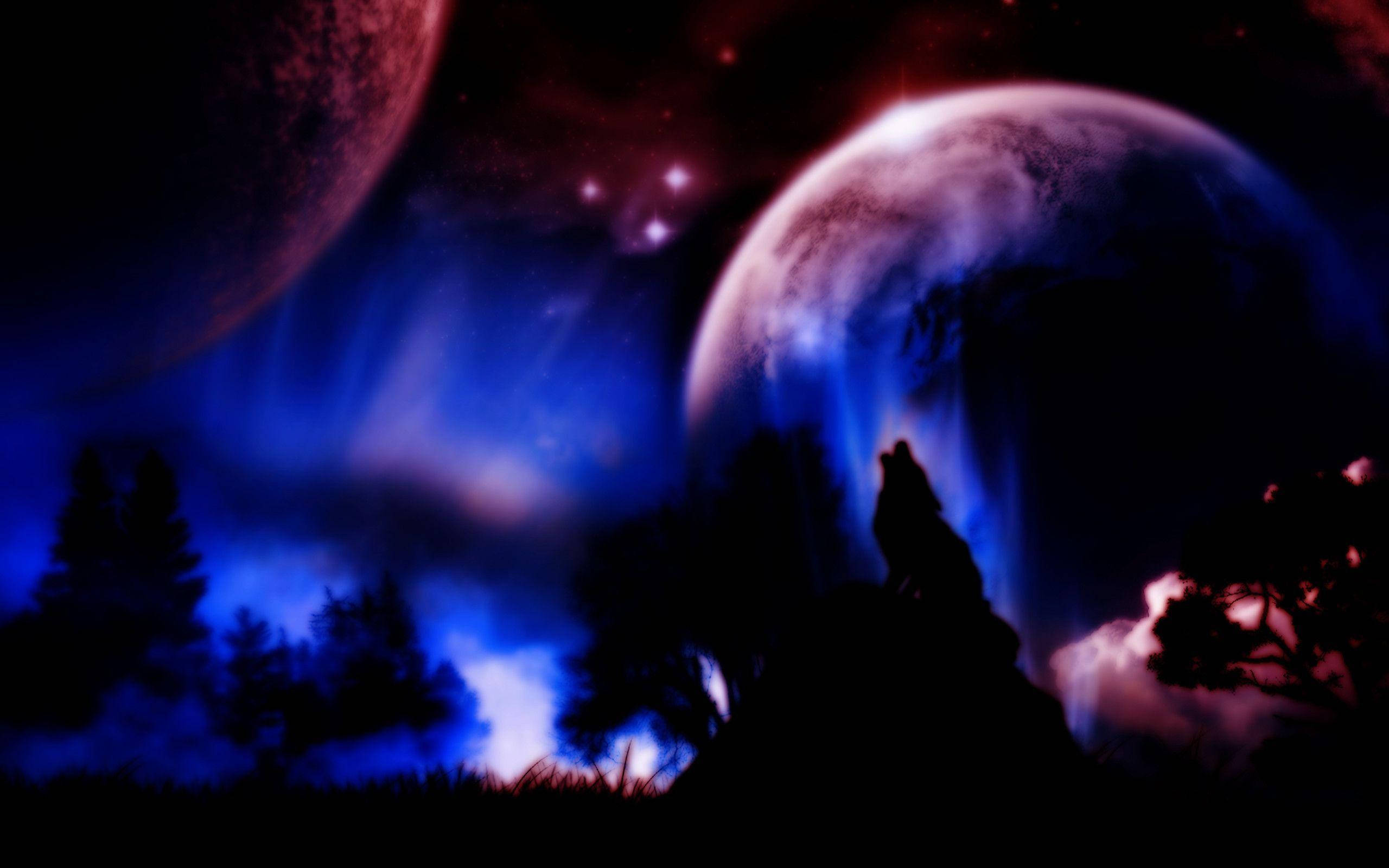howling wolf, cliff, cosmic sky, 2K Desktop Wallpaper