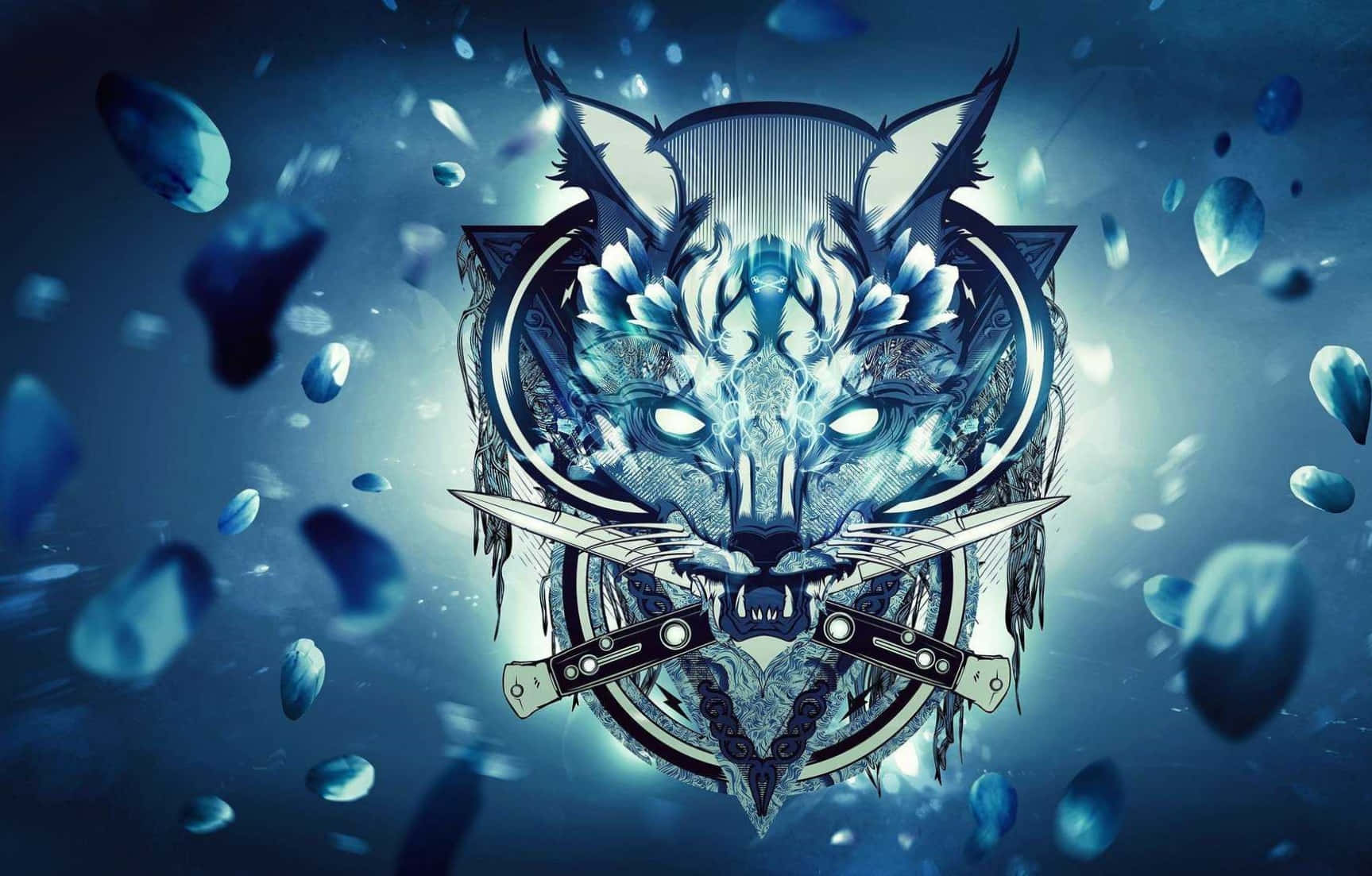 Blue Fire Wolf, glowing eyes, crossed knives, HD Desktop Wallpaper
