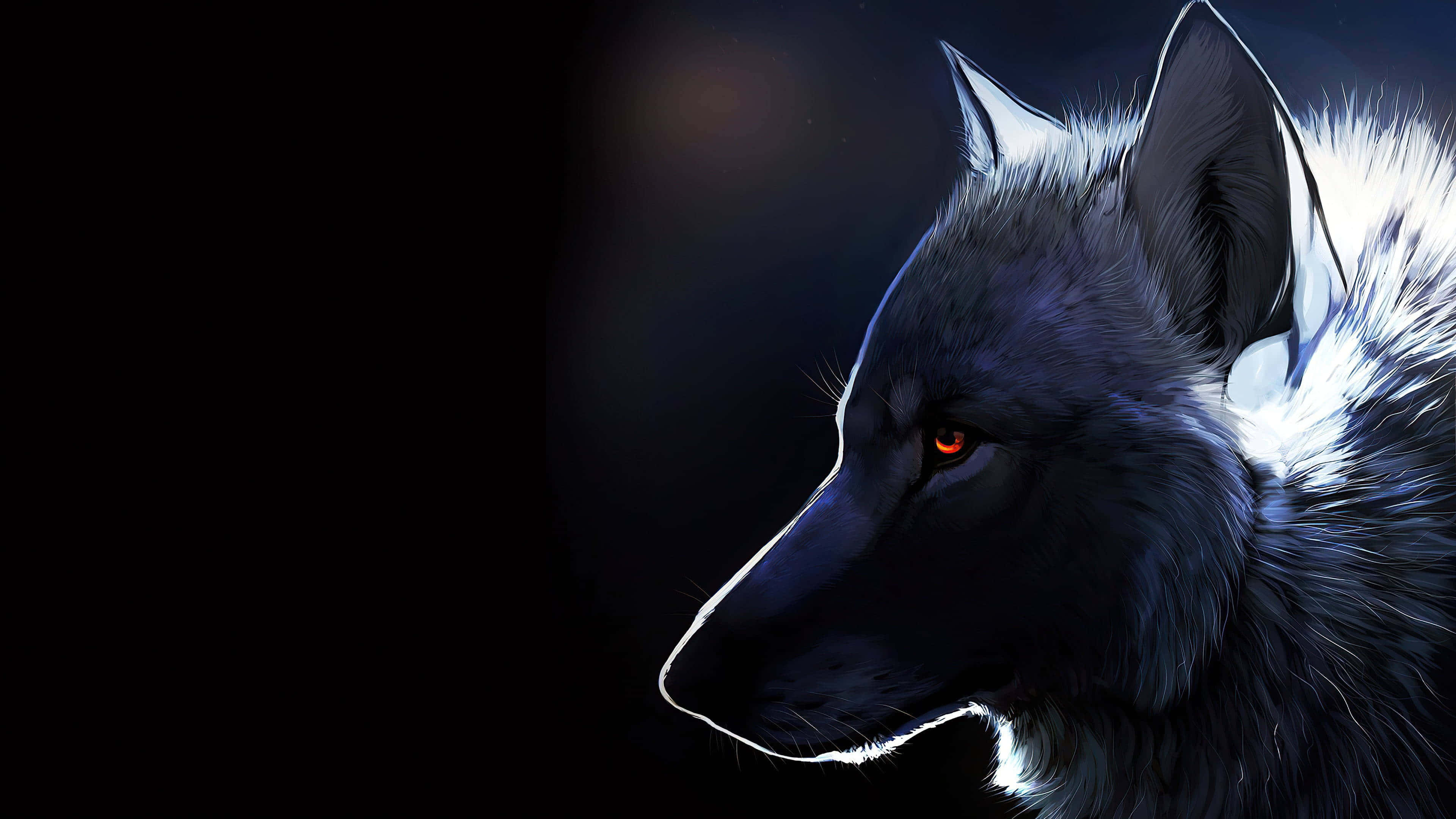wolf, glowing orange eyes, dark backdrop, 4K Desktop Wallpaper