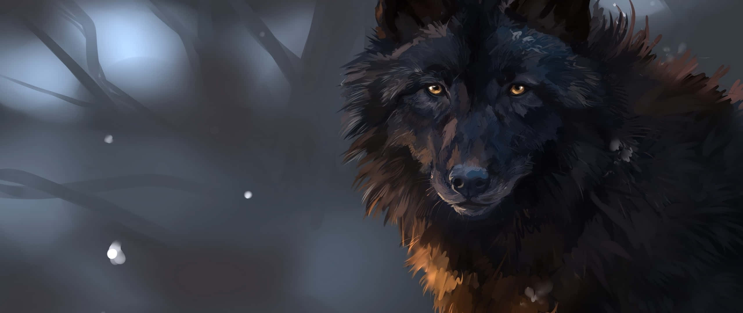 black wolf, glowing amber eyes, snowy forest, 2K Desktop Wallpaper