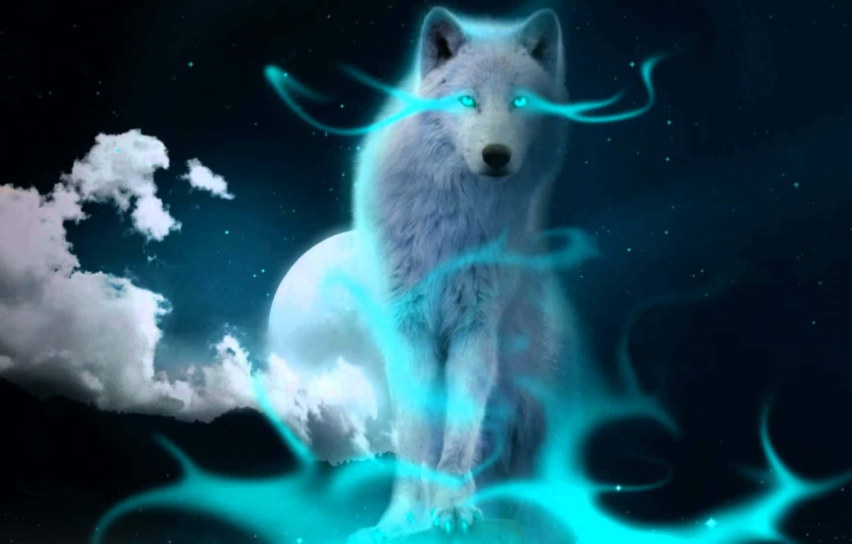 Blue Fire Wolf, Night Sky, Full Moon, HD Desktop Wallpaper