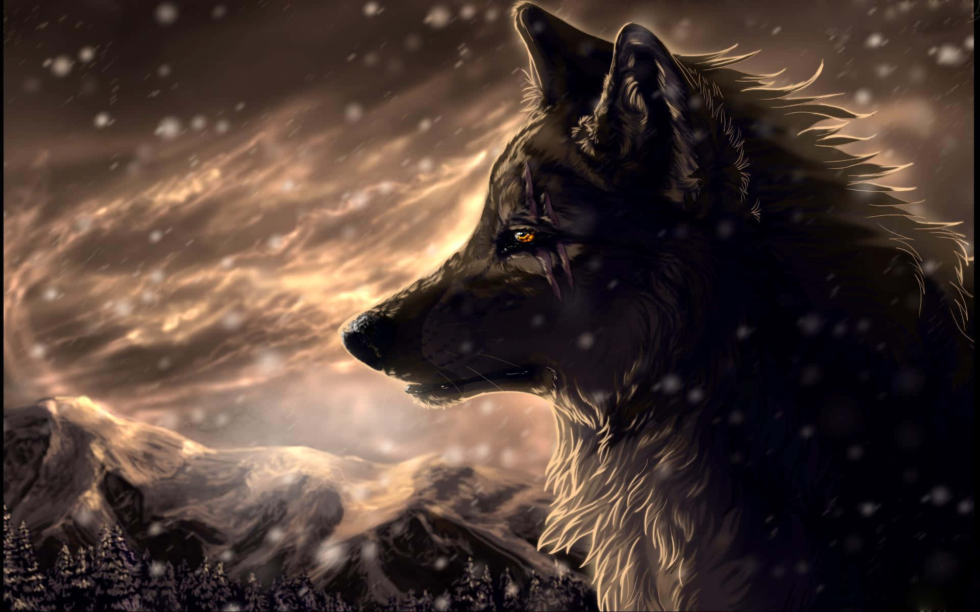 wolf aesthetic, glowing amber eyes, snowy mountain backdrop, Full HD Desktop Wallpaper