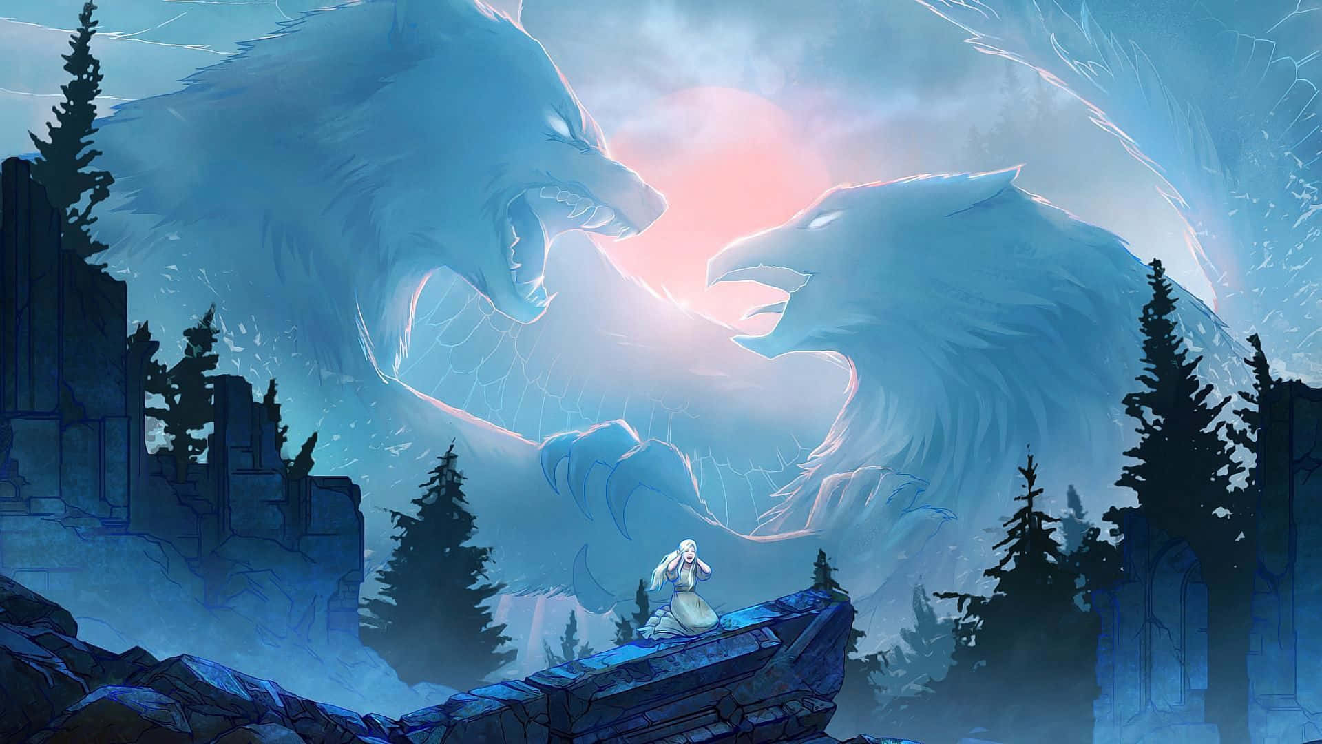 Epic Wolf Couple Howling, colossal wolves, glowing embrace, Full HD Desktop Wallpaper
