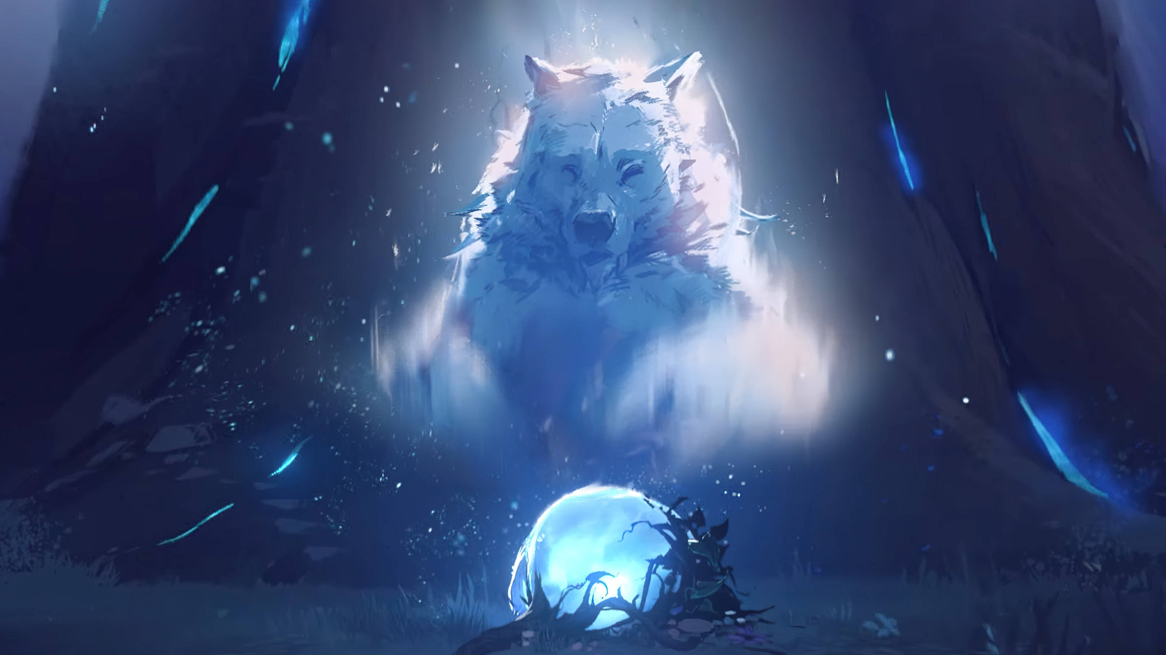 luminous white wolf, dark forest, blue energy particles, 4K Desktop Wallpaper