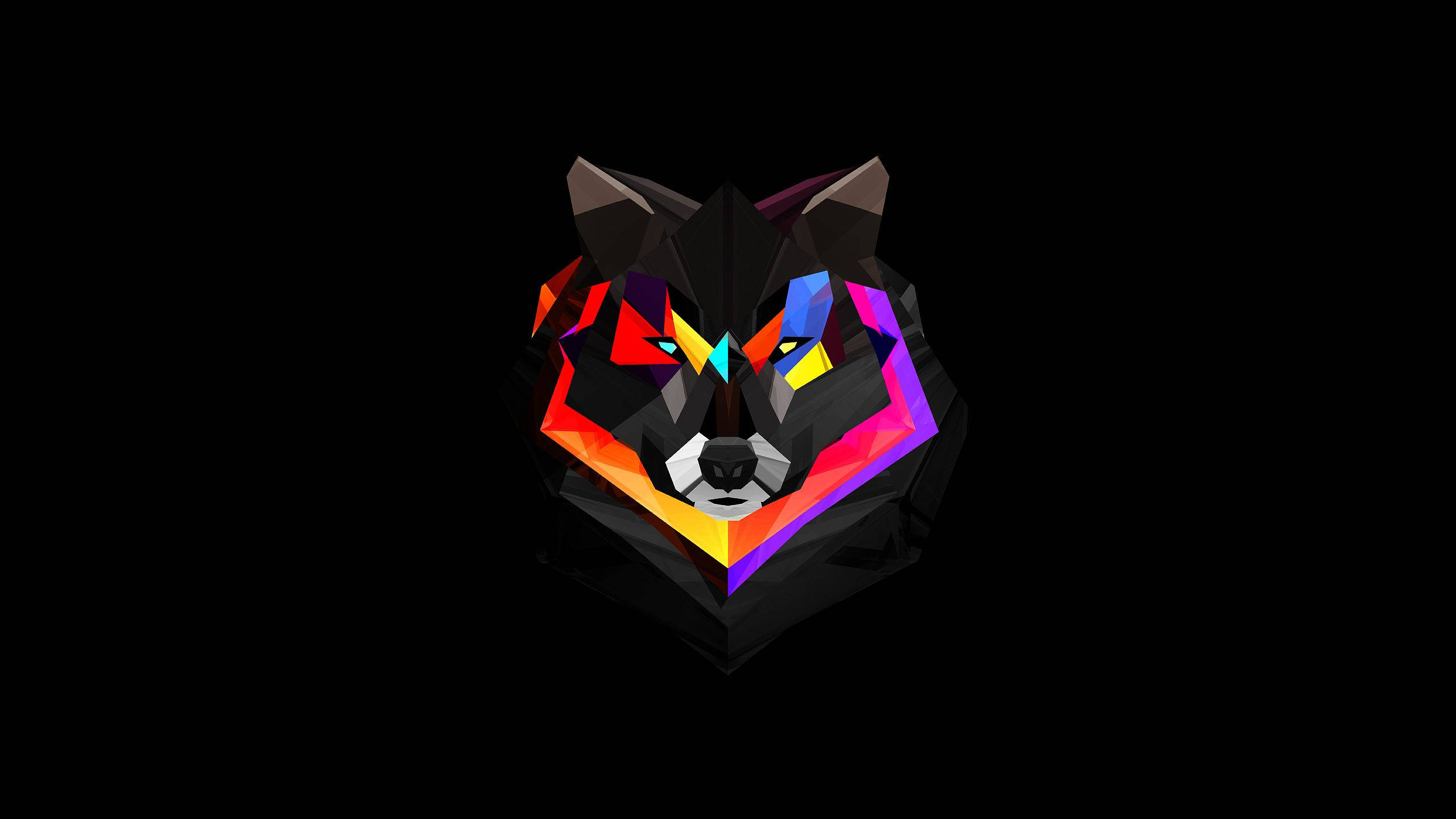 geometric wolf, vibrant geometric colors, black background, 2K Desktop Wallpaper
