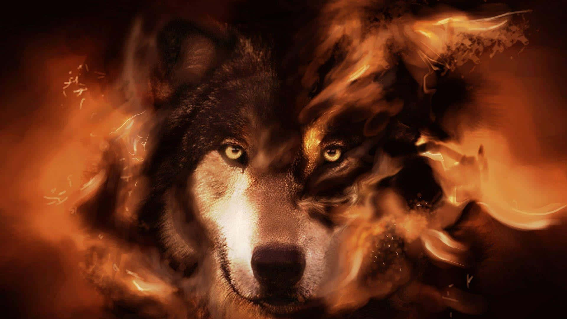 3D wolf, glowing amber eyes, swirling flames, Full HD Desktop Wallpaper