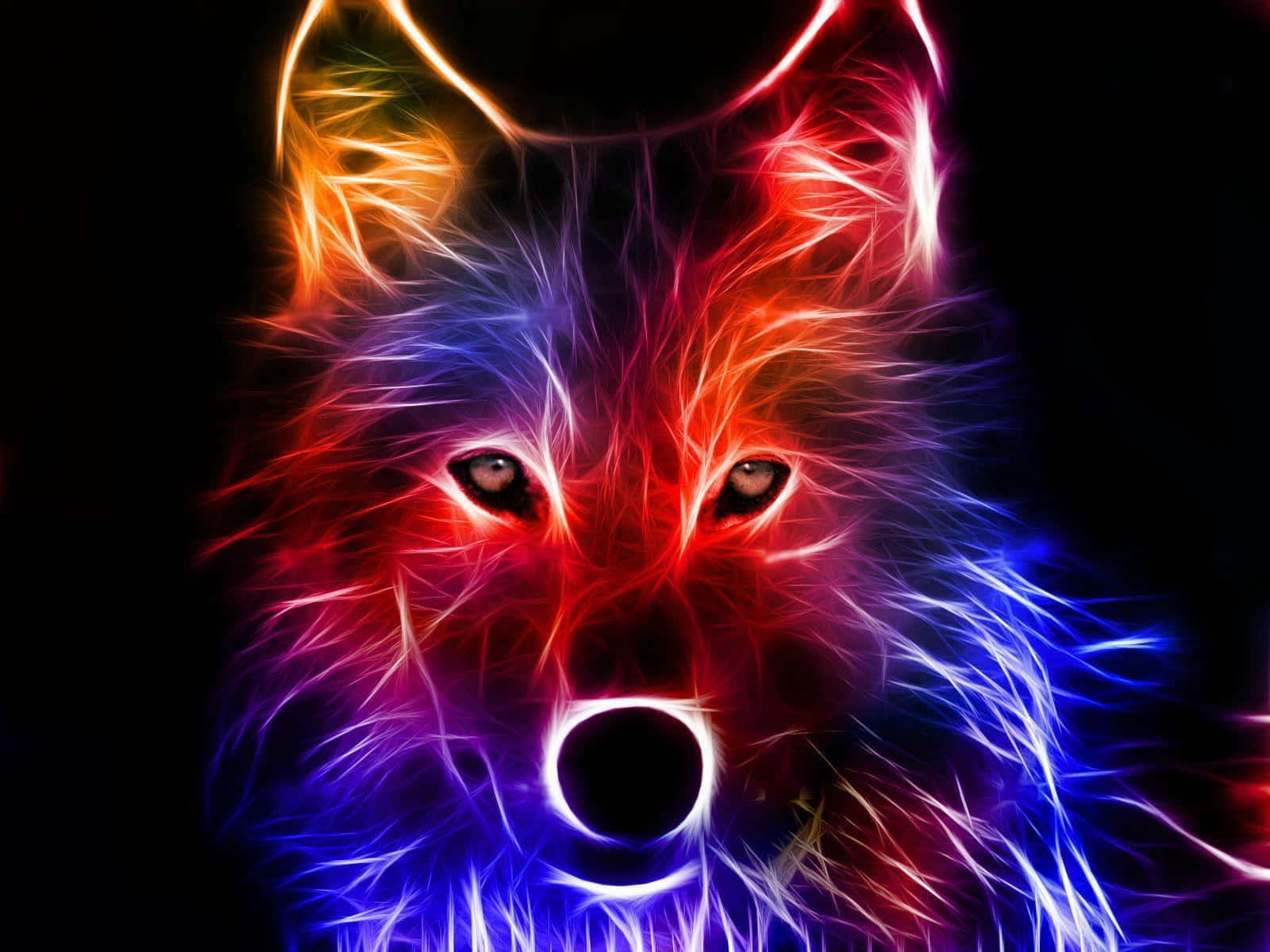 3D wolf, neon-lit wolf head, electric red blue and orange streaks, HD Desktop Wallpaper
