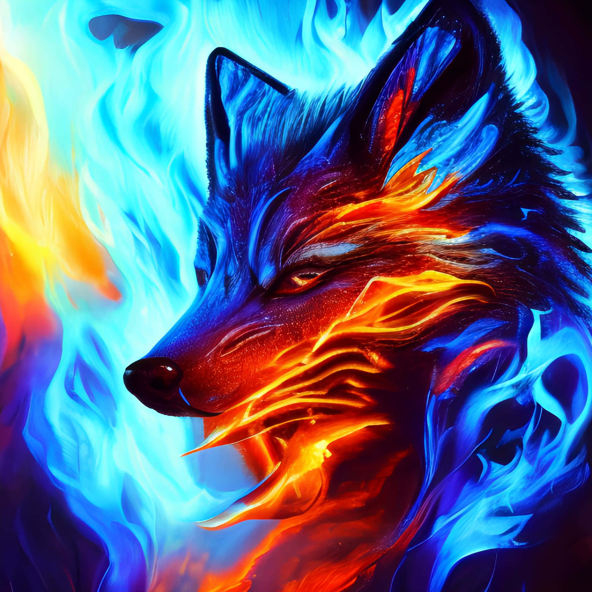 Red and Blue Wolf, swirling blue and orange flames, fierce wolf's head, Full HD Desktop Wallpaper