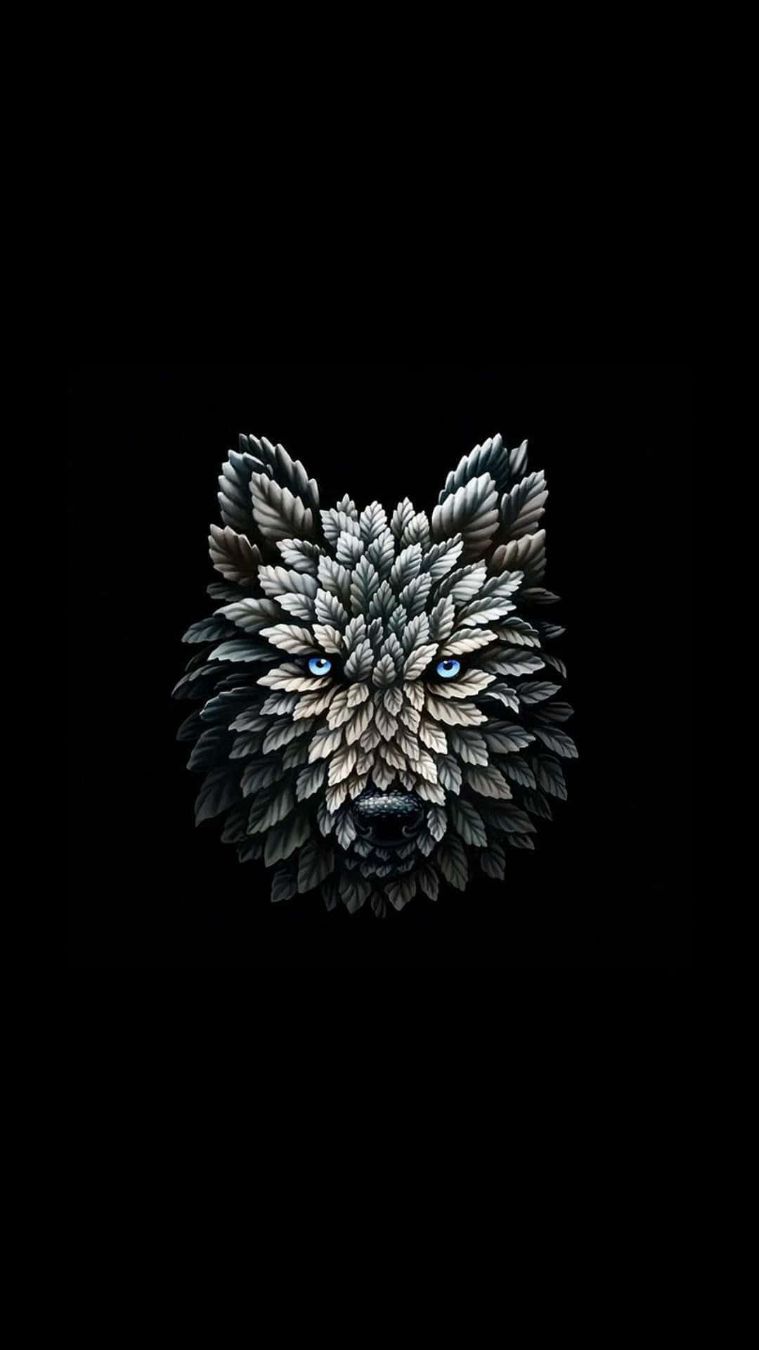 wolf head, blue eyes, gray leaves, Full HD Phone Wallpaper