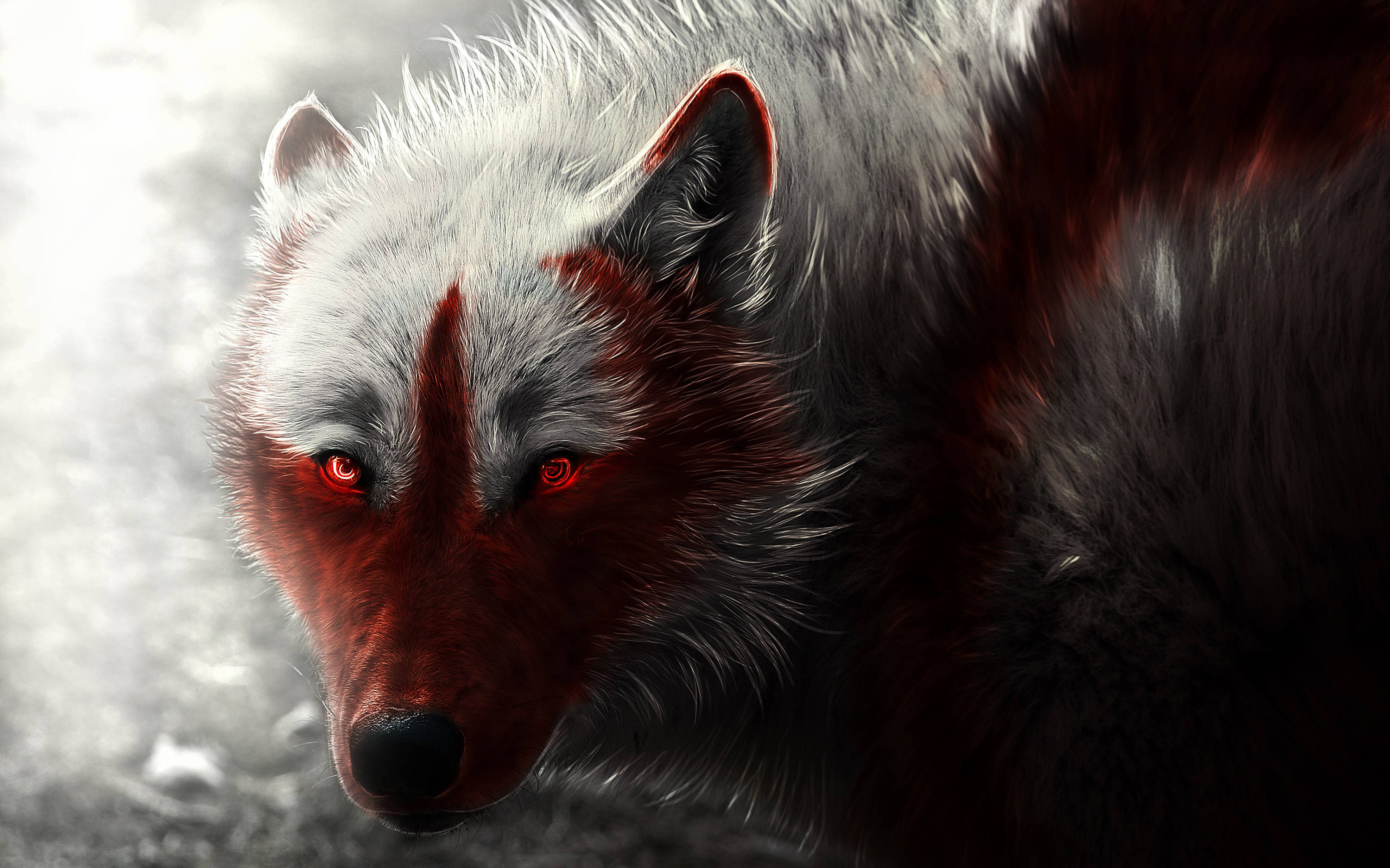fierce wolf, glowing red eyes, blood-streaked fur, 2K Desktop Wallpaper
