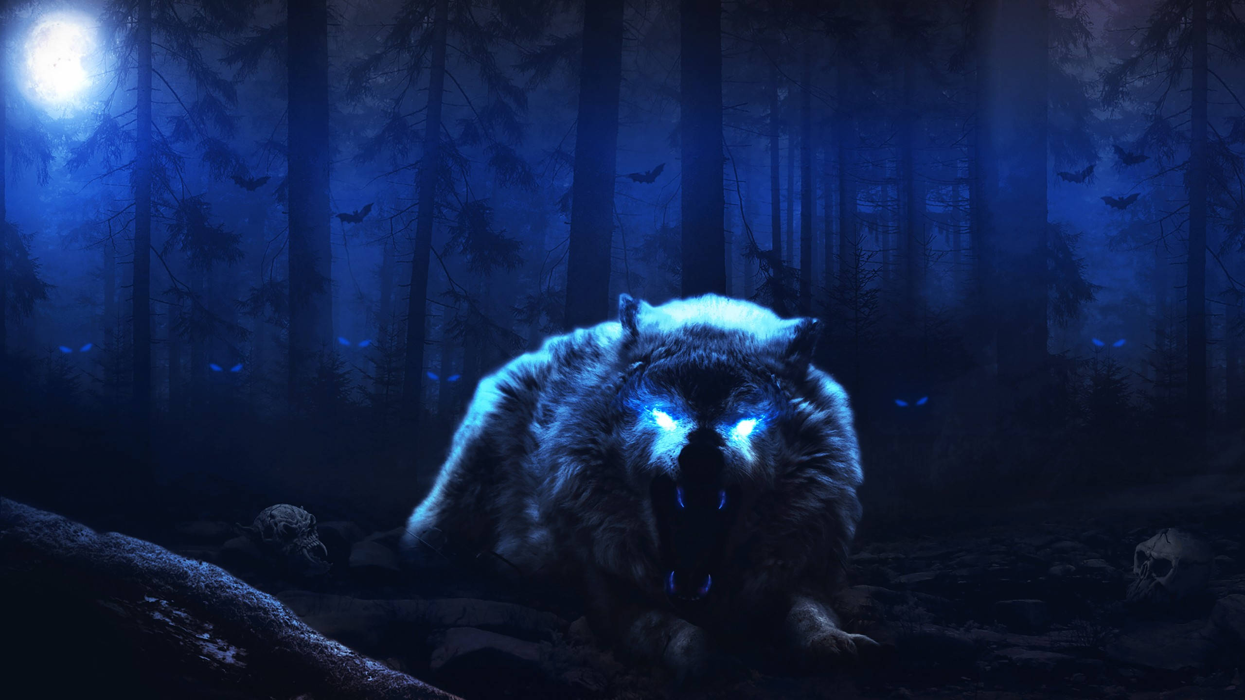 sinister wolf, full moon, misty moonlit forest, 2K Desktop Wallpaper