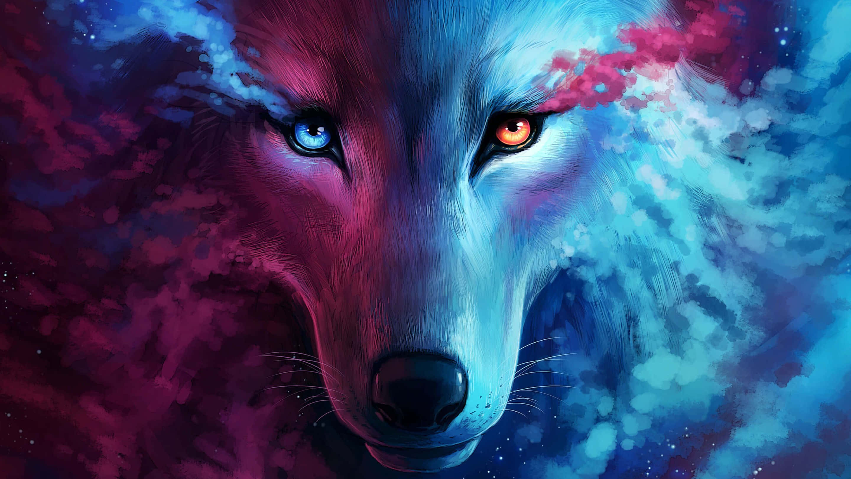 3D wolf, blue and one orange eye, cosmic nebula, 2K Desktop Wallpaper