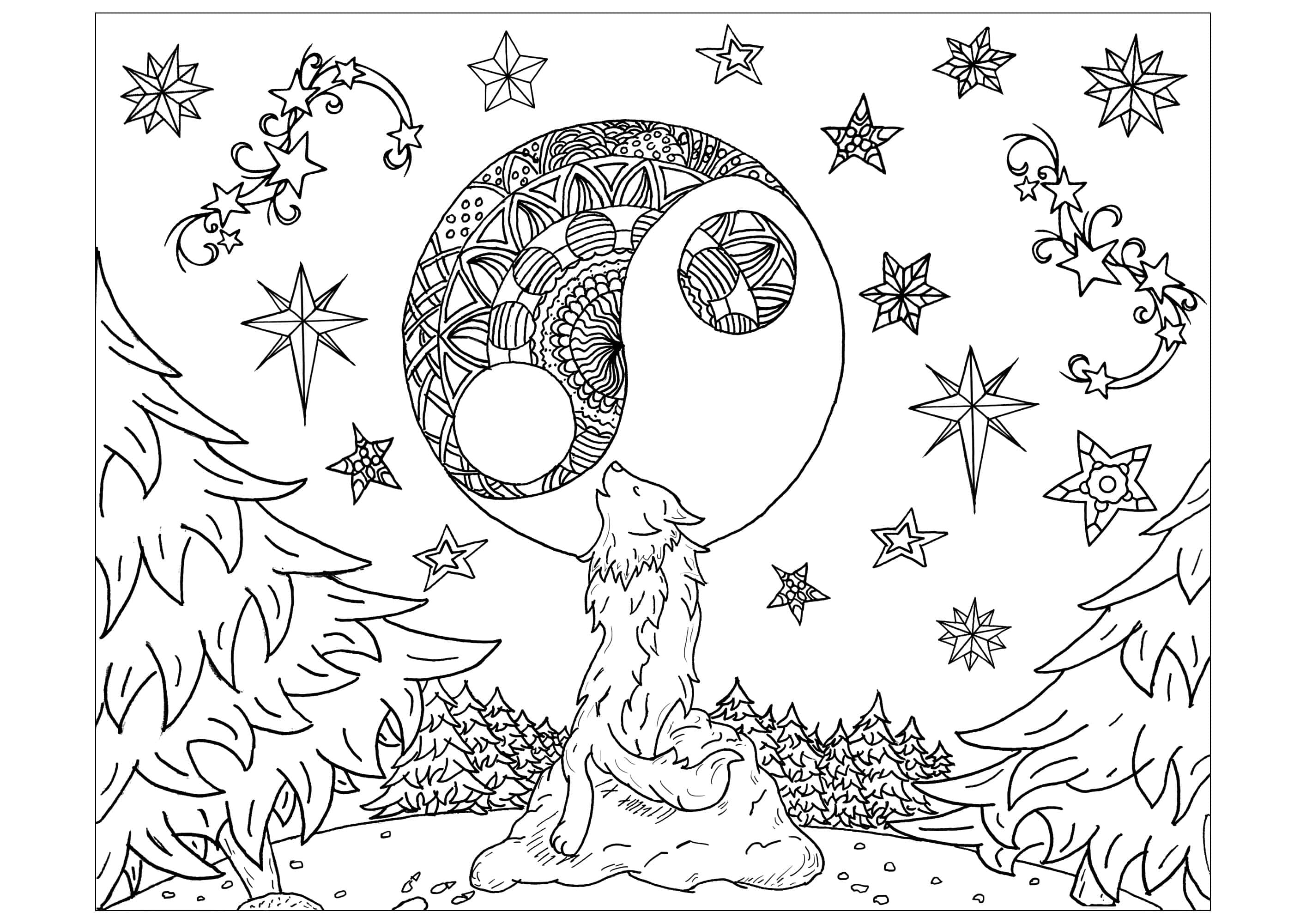 wolf in moonlight, yin yang moon, forest, 2K Desktop Wallpaper