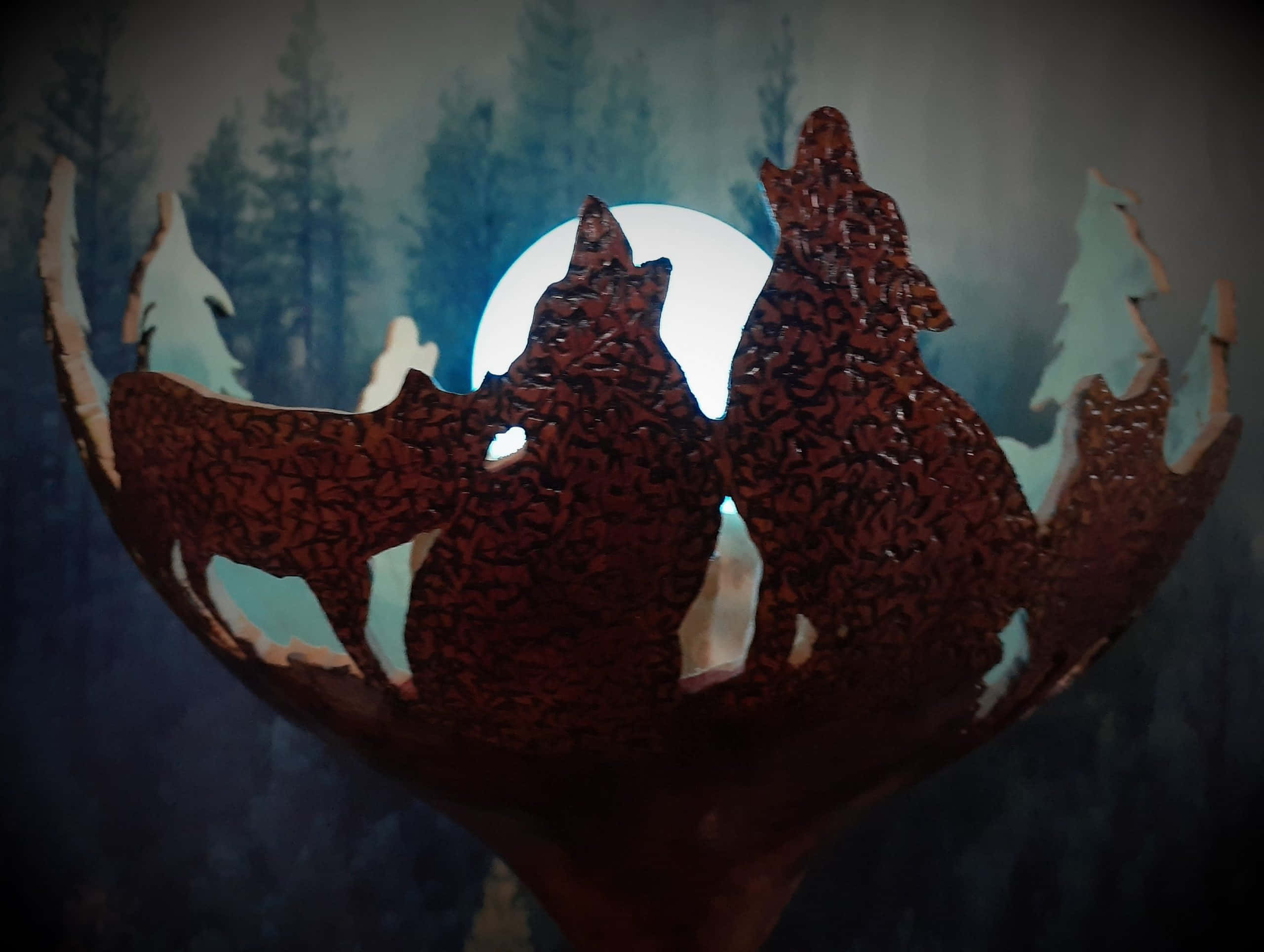Wolf In Moonlight, glowing moon, rusted metal cutout, 2K Desktop Wallpaper
