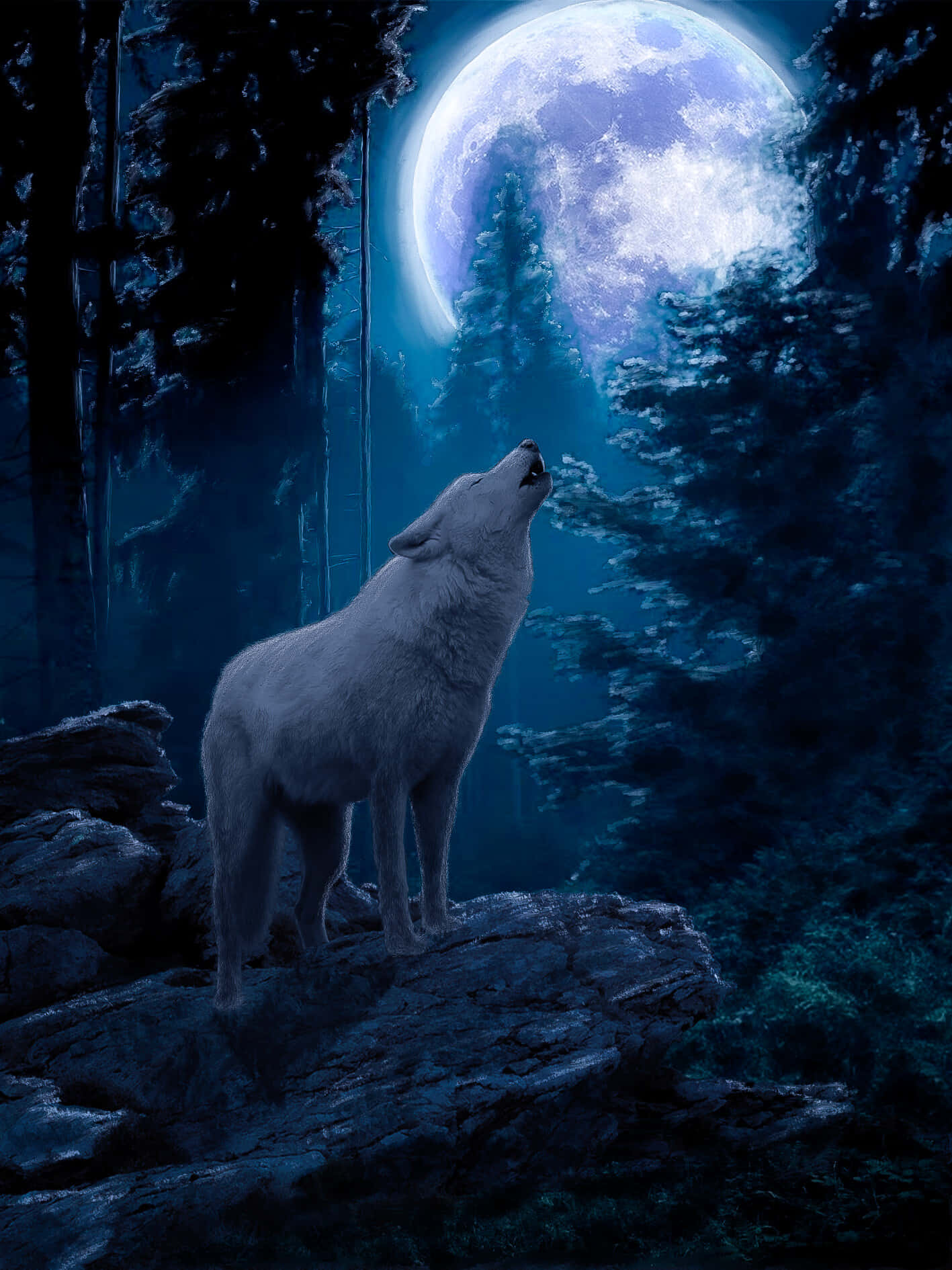 Wolf In Moonlight, white wolf, glowing moon, HD Phone Wallpaper