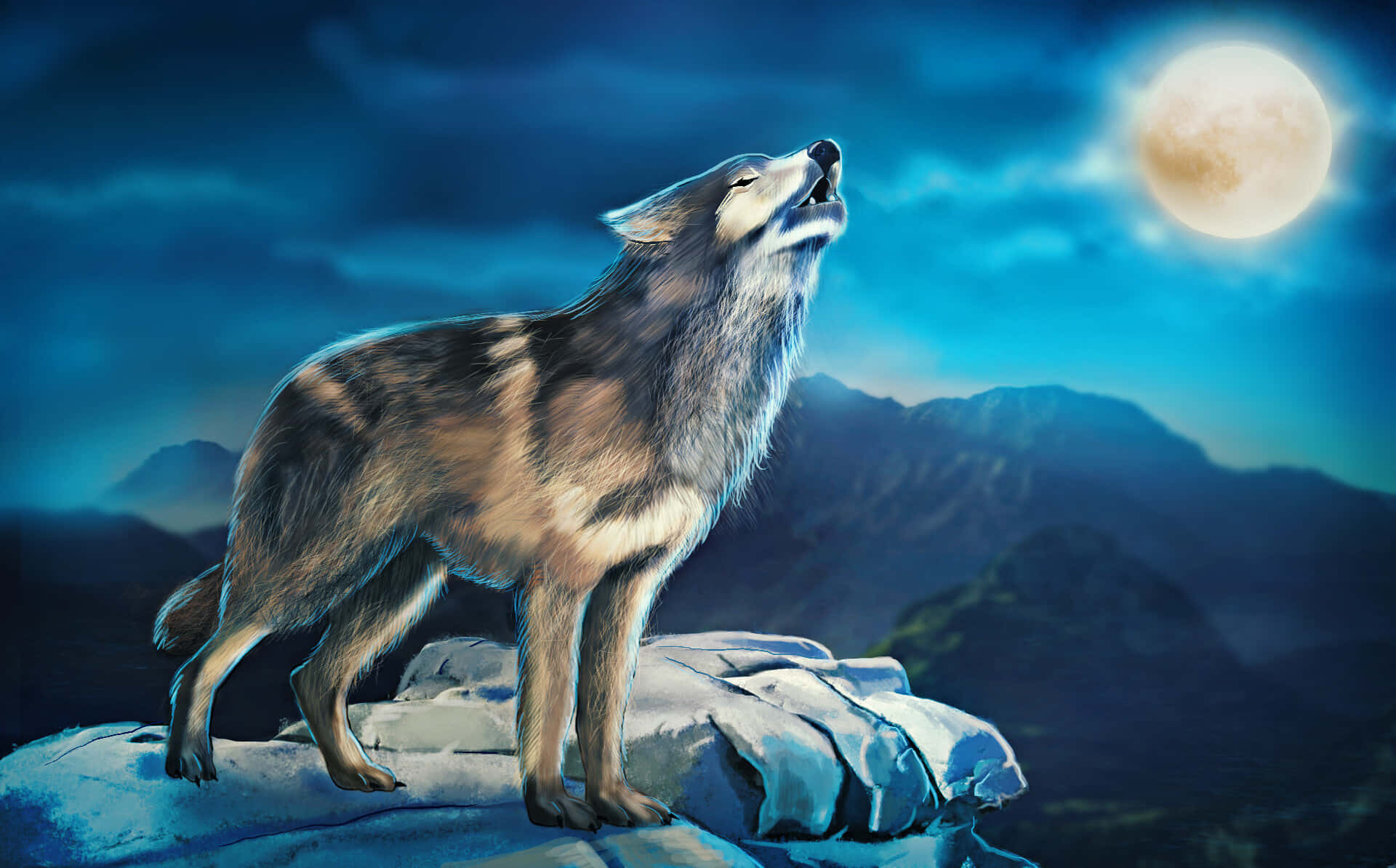 wolf in moonlight, full moon, snowy mountain peak, Full HD Desktop Wallpaper