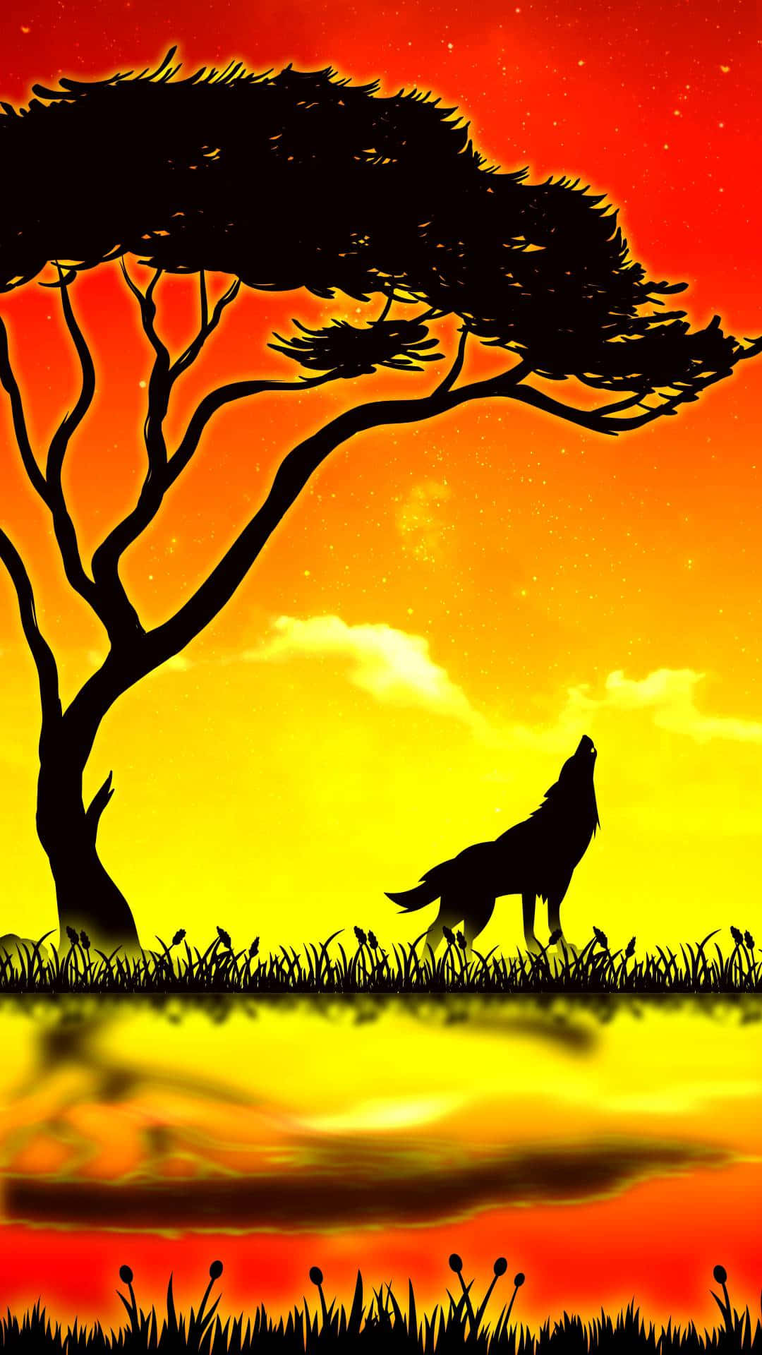 wolf silhouette, acacia tree, fiery sunset, Full HD Phone Wallpaper