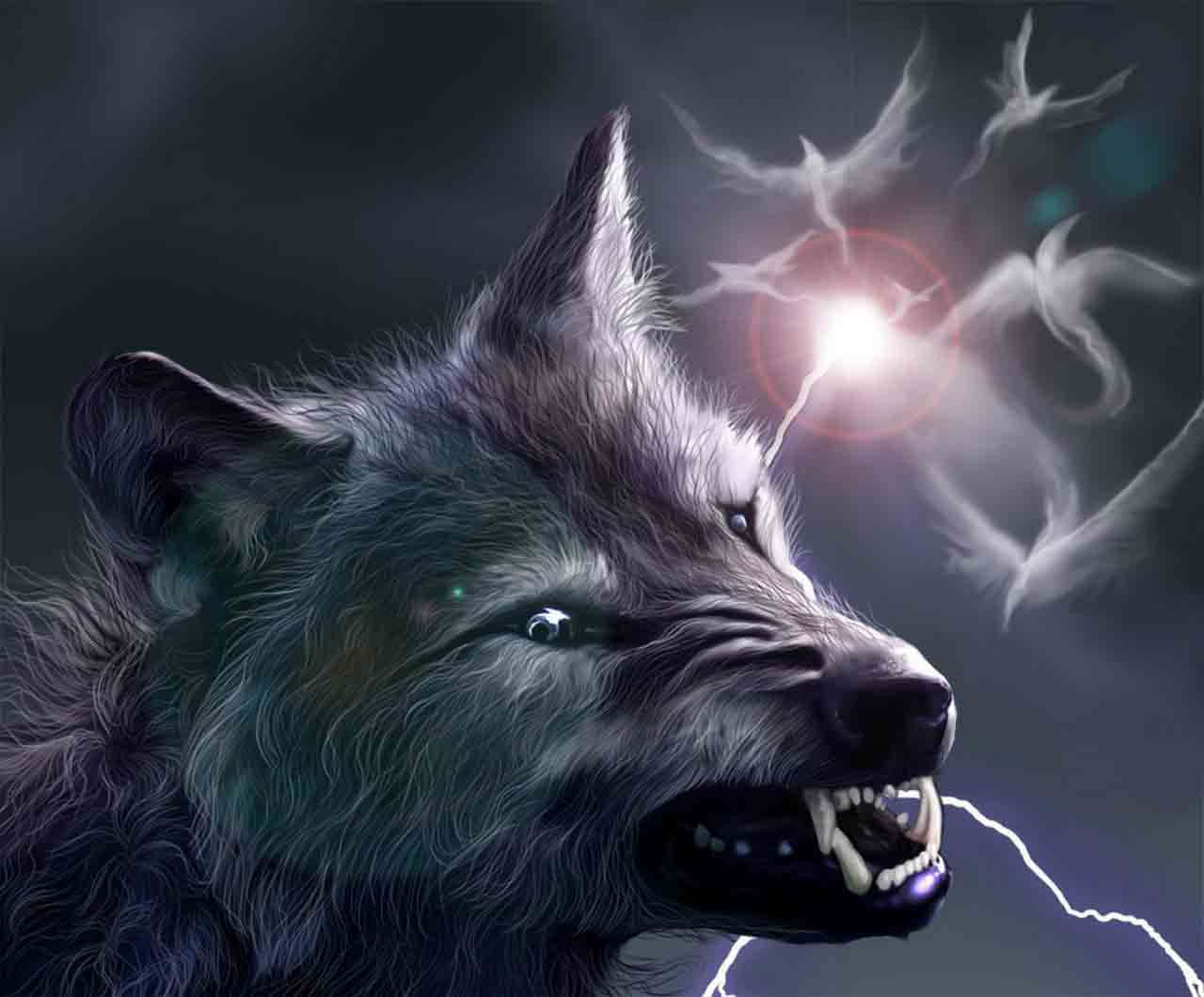angry wolf, glowing eyes, lightning, HD Desktop Wallpaper