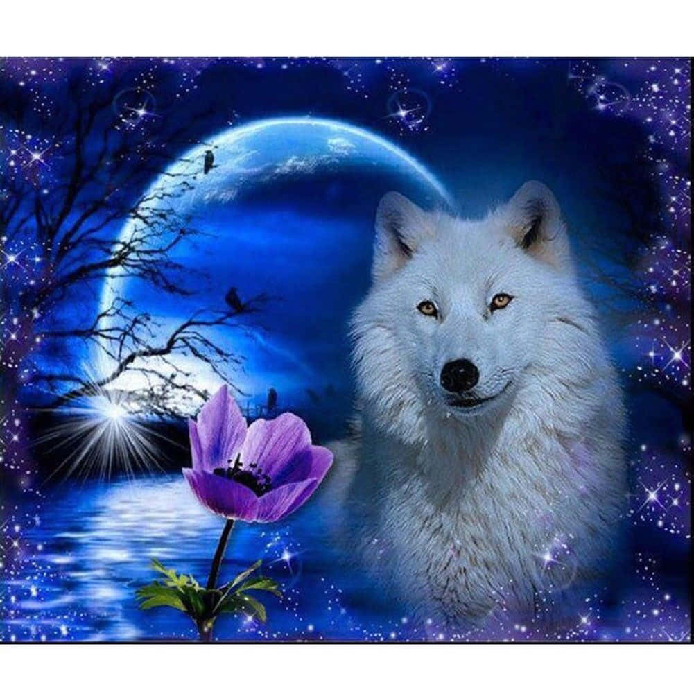 wolf in moonlight, white wolf, crescent moon, SD Desktop Wallpaper