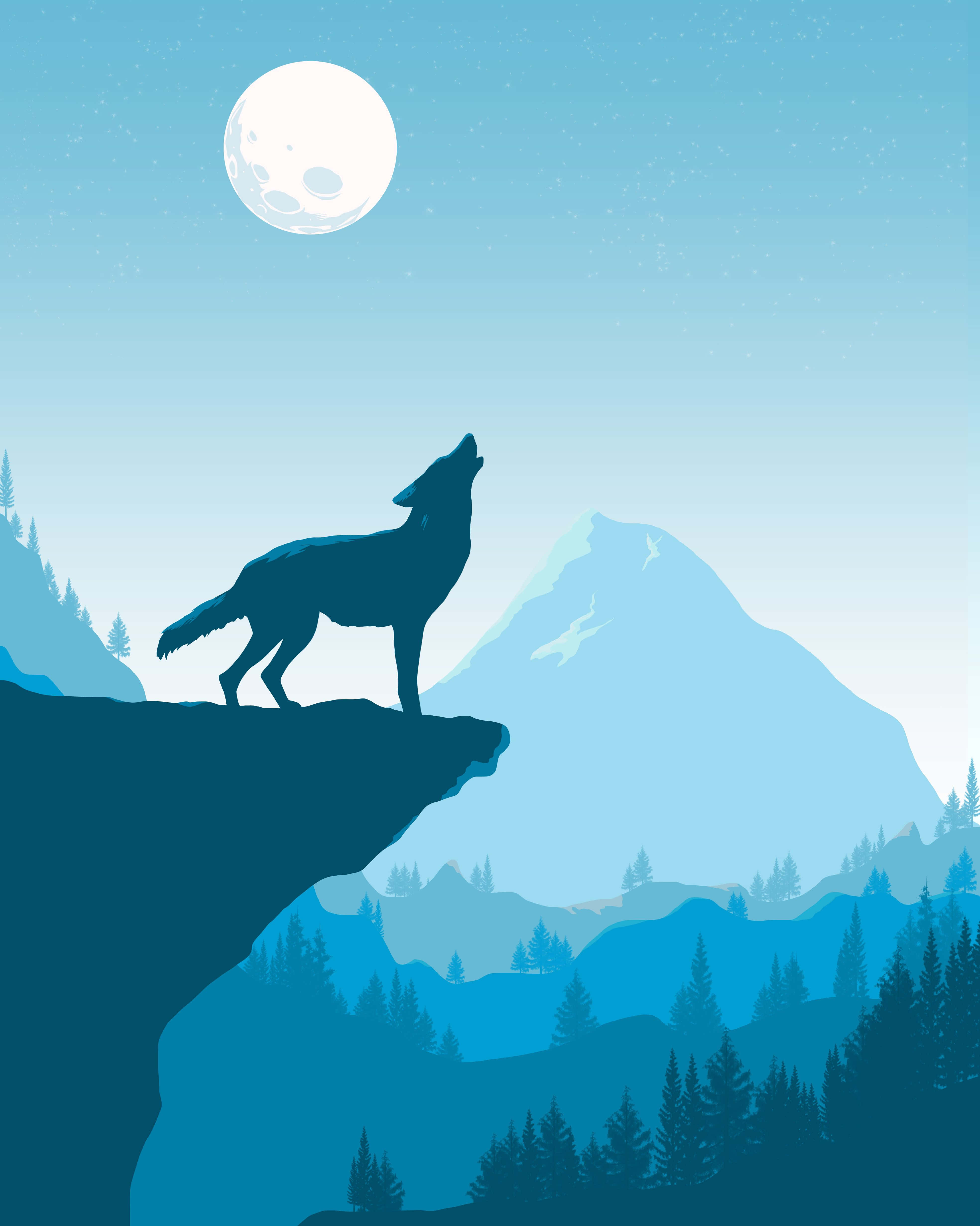 wolf, snowy mountains, full moon, 4K Phone Wallpaper