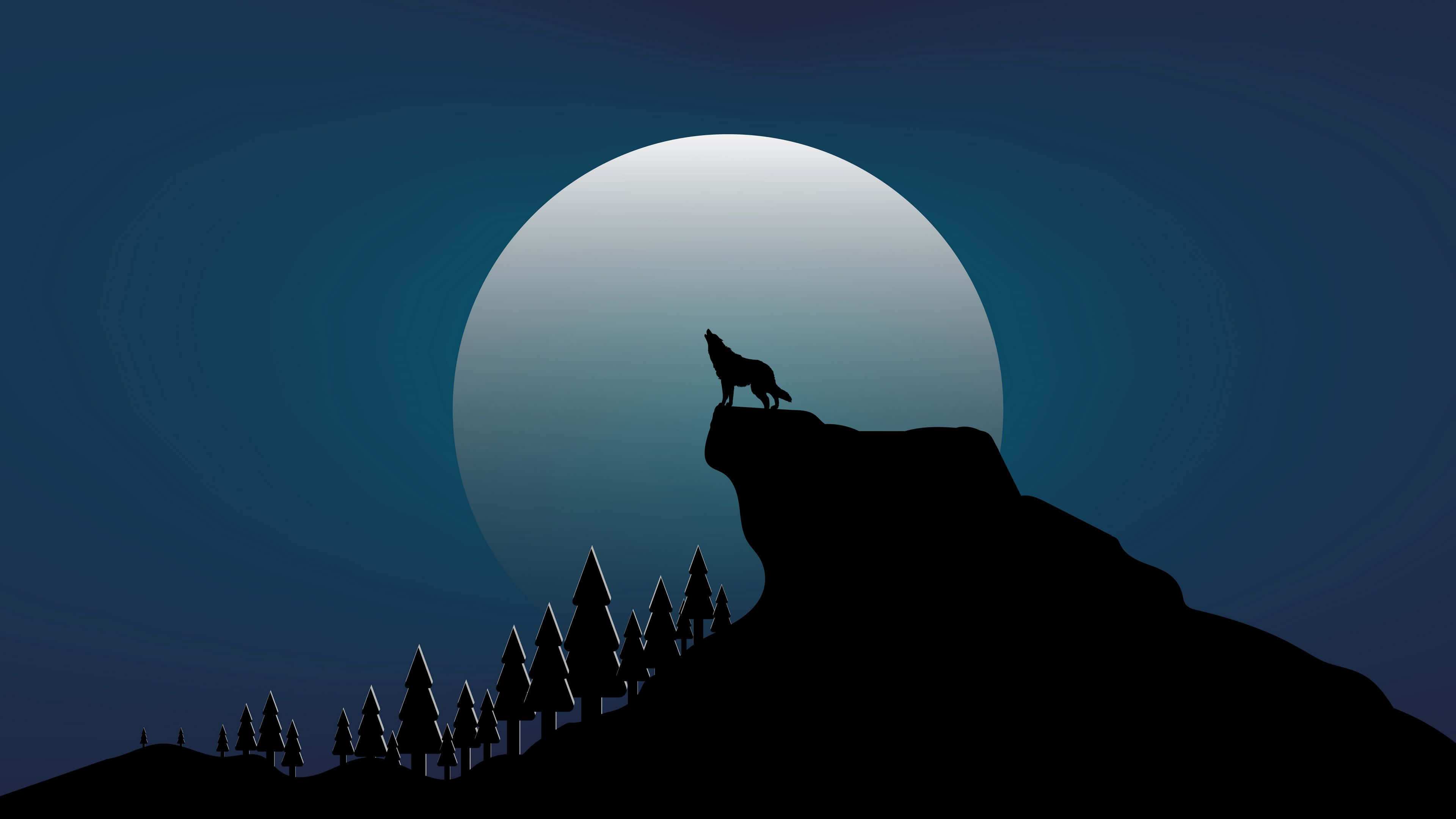 wolf in mountains, cliff silhouette, glowing moon, 4K Desktop Wallpaper