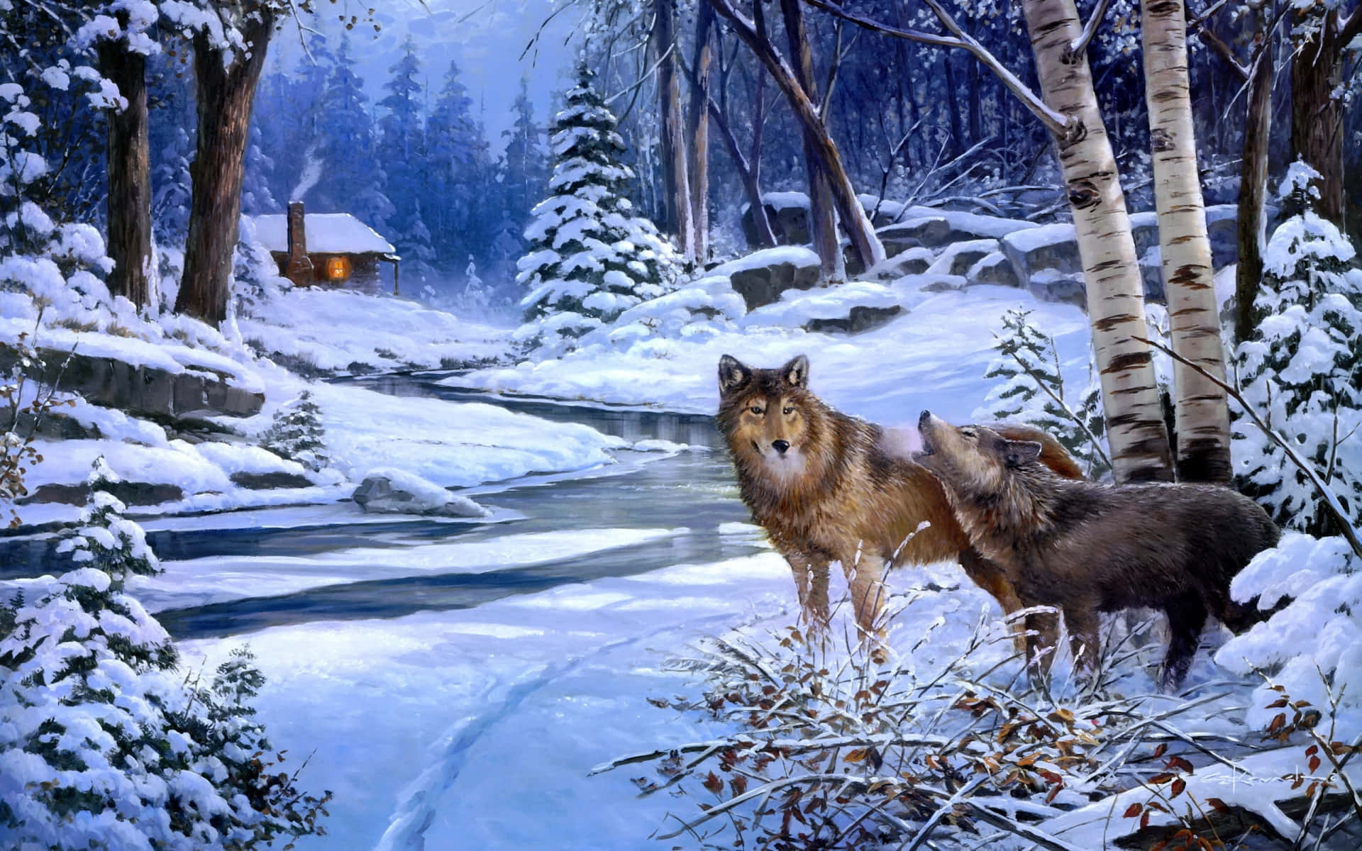 wolf, snowy riverbank, cabin, Full HD Desktop Wallpaper