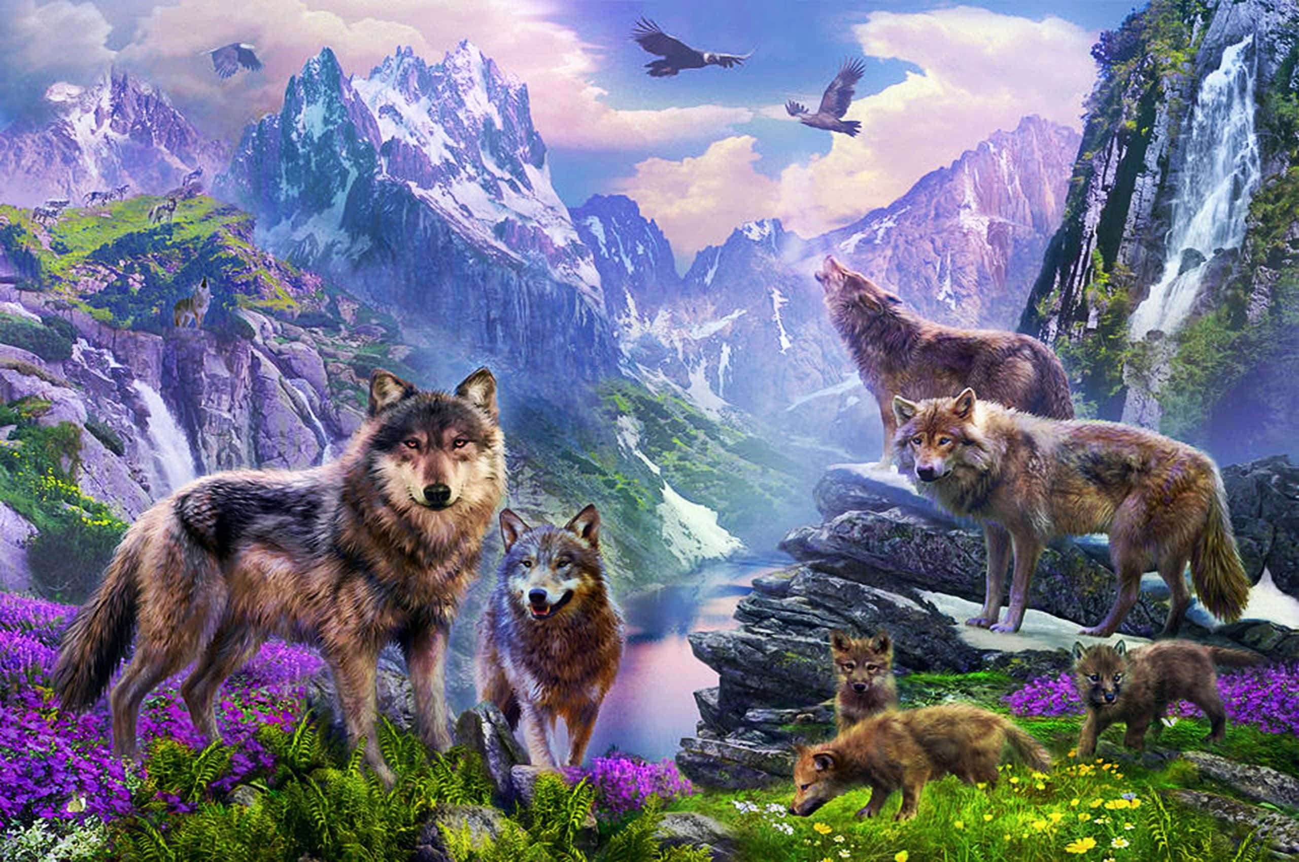wolf in spring, purple flowers, rocky cliffs, 2K Desktop Wallpaper