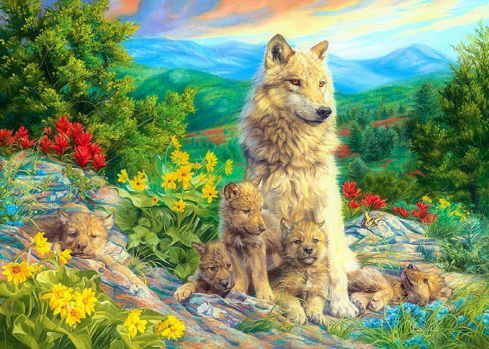 Wolf In Spring, vibrant spring forest, sunlit rocky hillside, HD Desktop Wallpaper