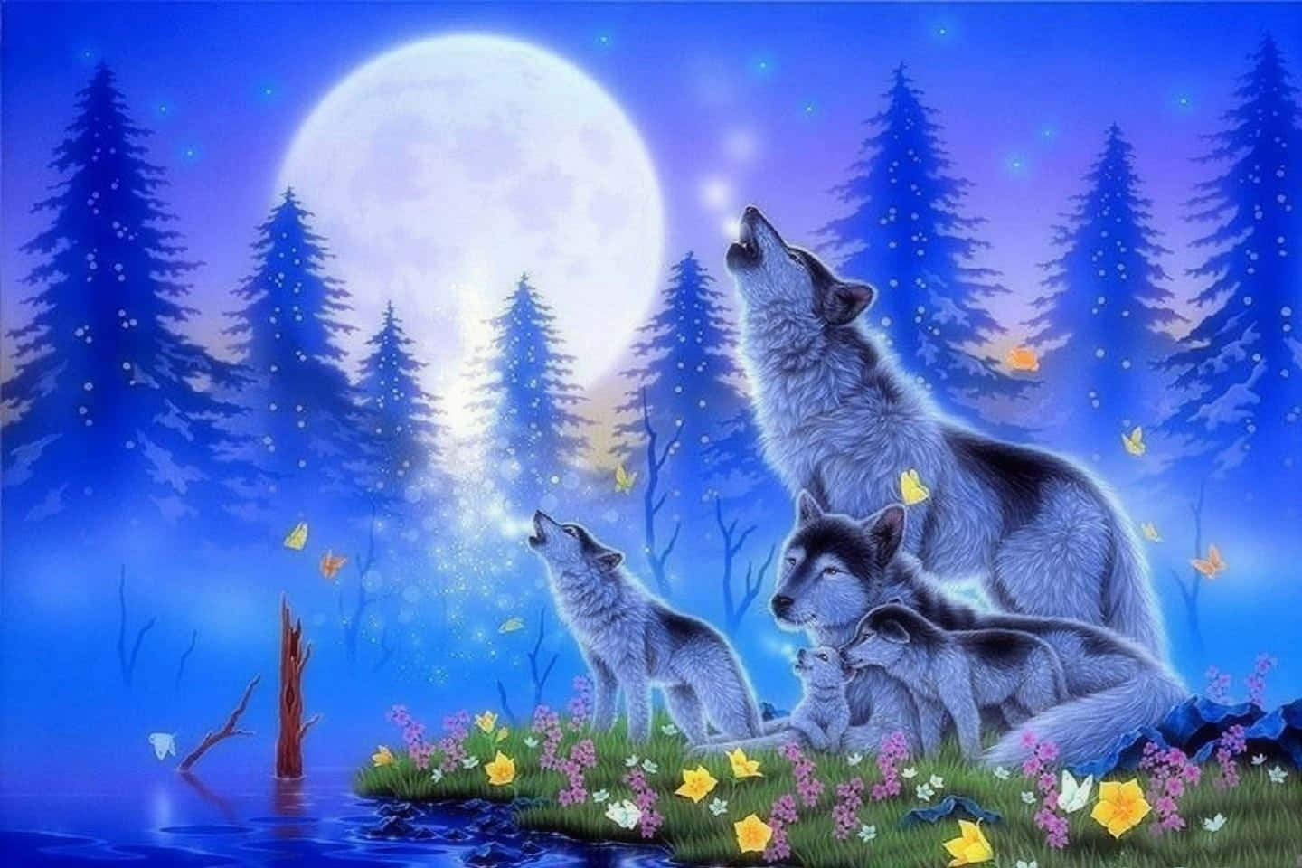 wolf in spring, full moon, mystical forest, HD Desktop Wallpaper
