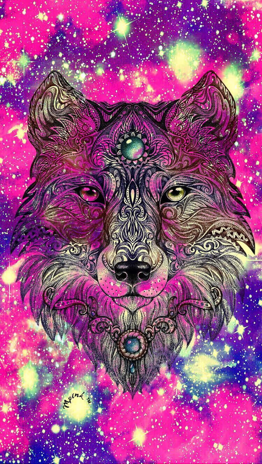 pink wolf, tranquil lake, dreamy landscape, HD Phone Wallpaper