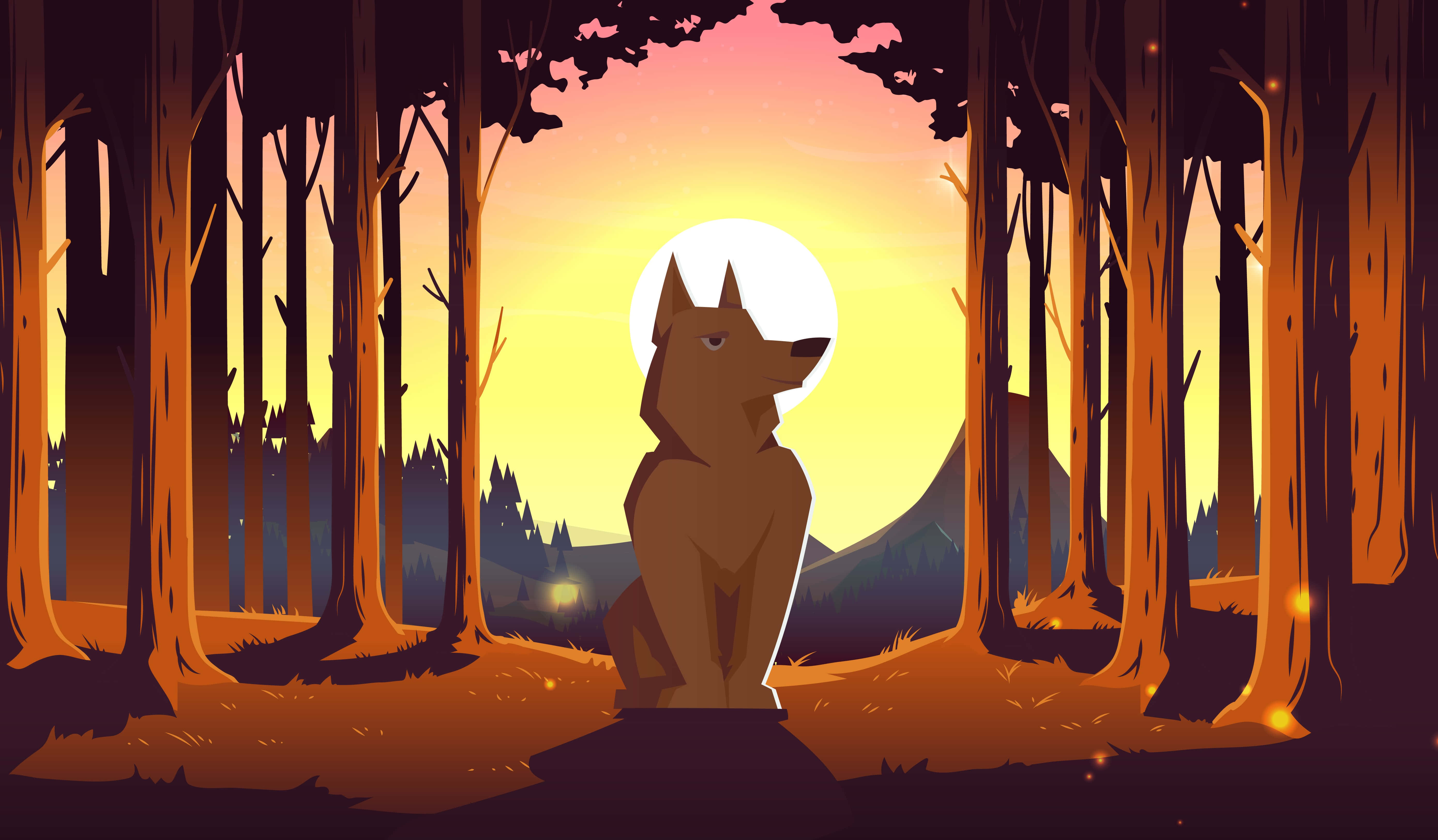 Wolf In Summer, sunset, forest, 5K Desktop Wallpaper