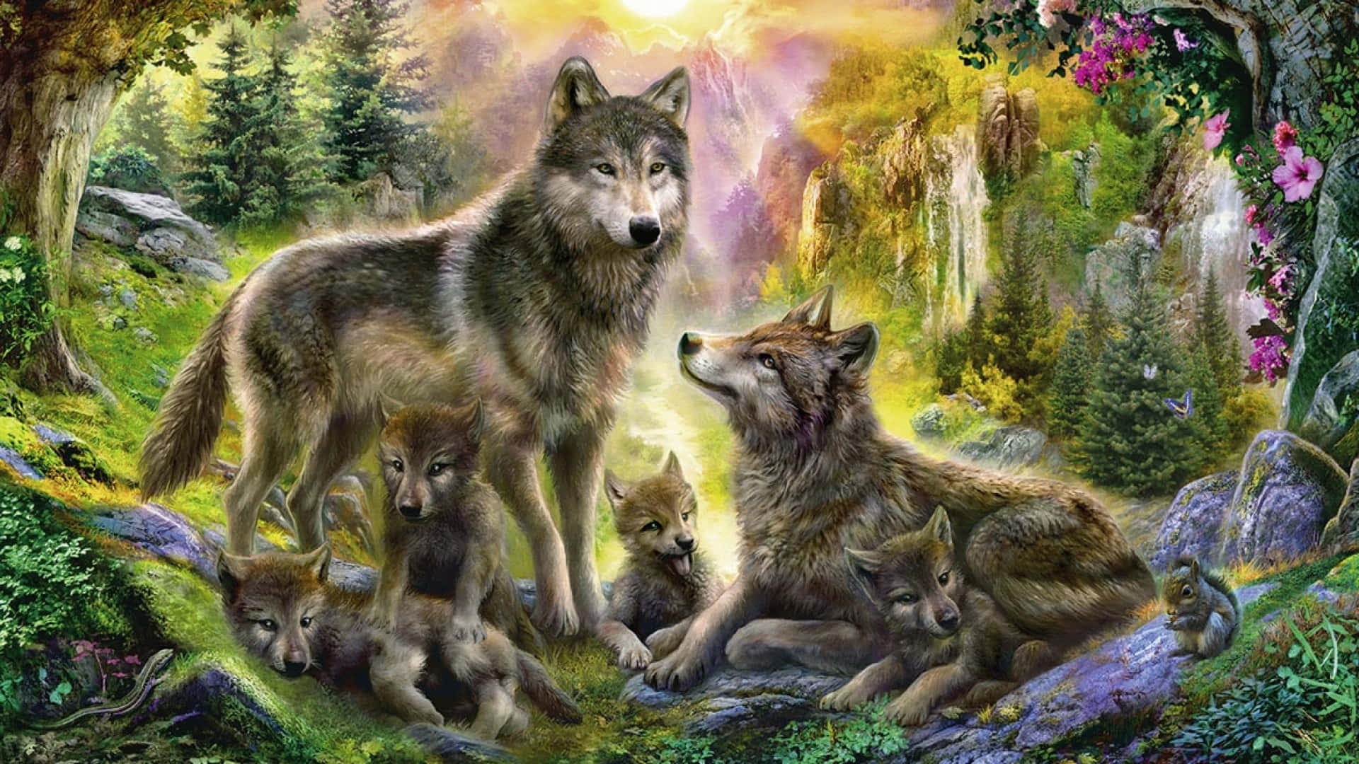 Wolf In Summer, golden sunset, vibrant forest glen, Full HD Desktop Wallpaper
