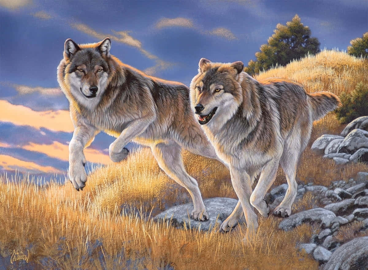 Wolf In Summer, golden grassy hill, twilight sky, SD Desktop Wallpaper
