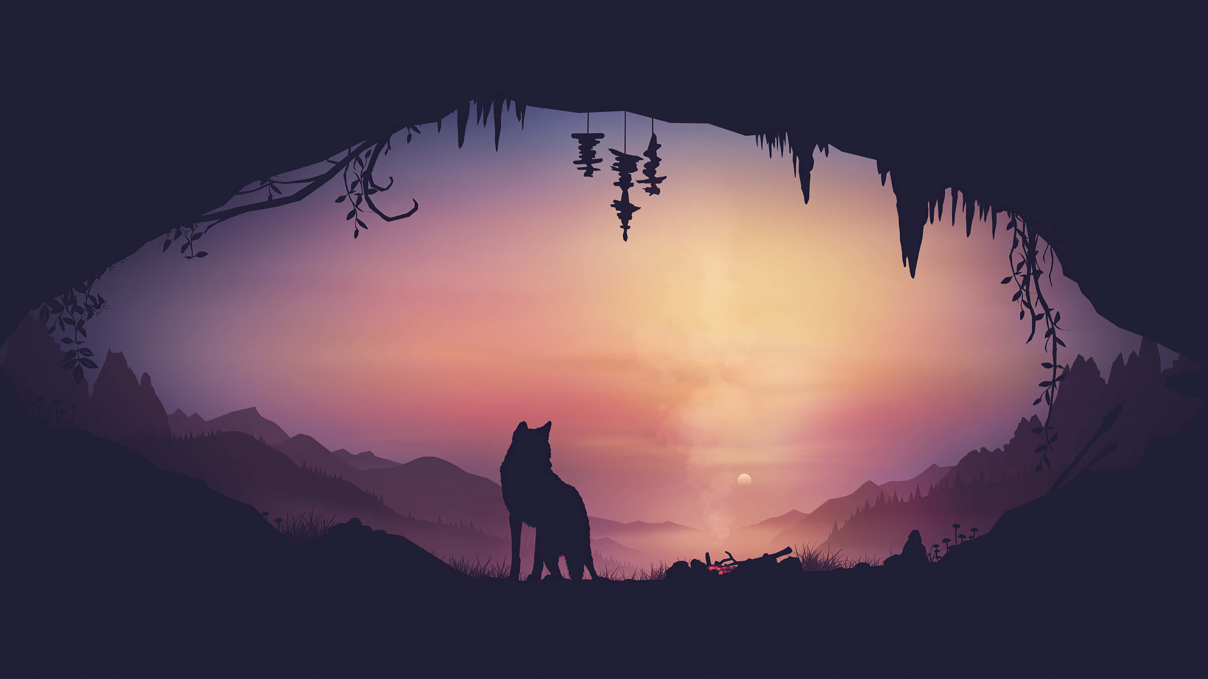 Wolf In Sunset, sunset, cave, 4K Desktop Wallpaper